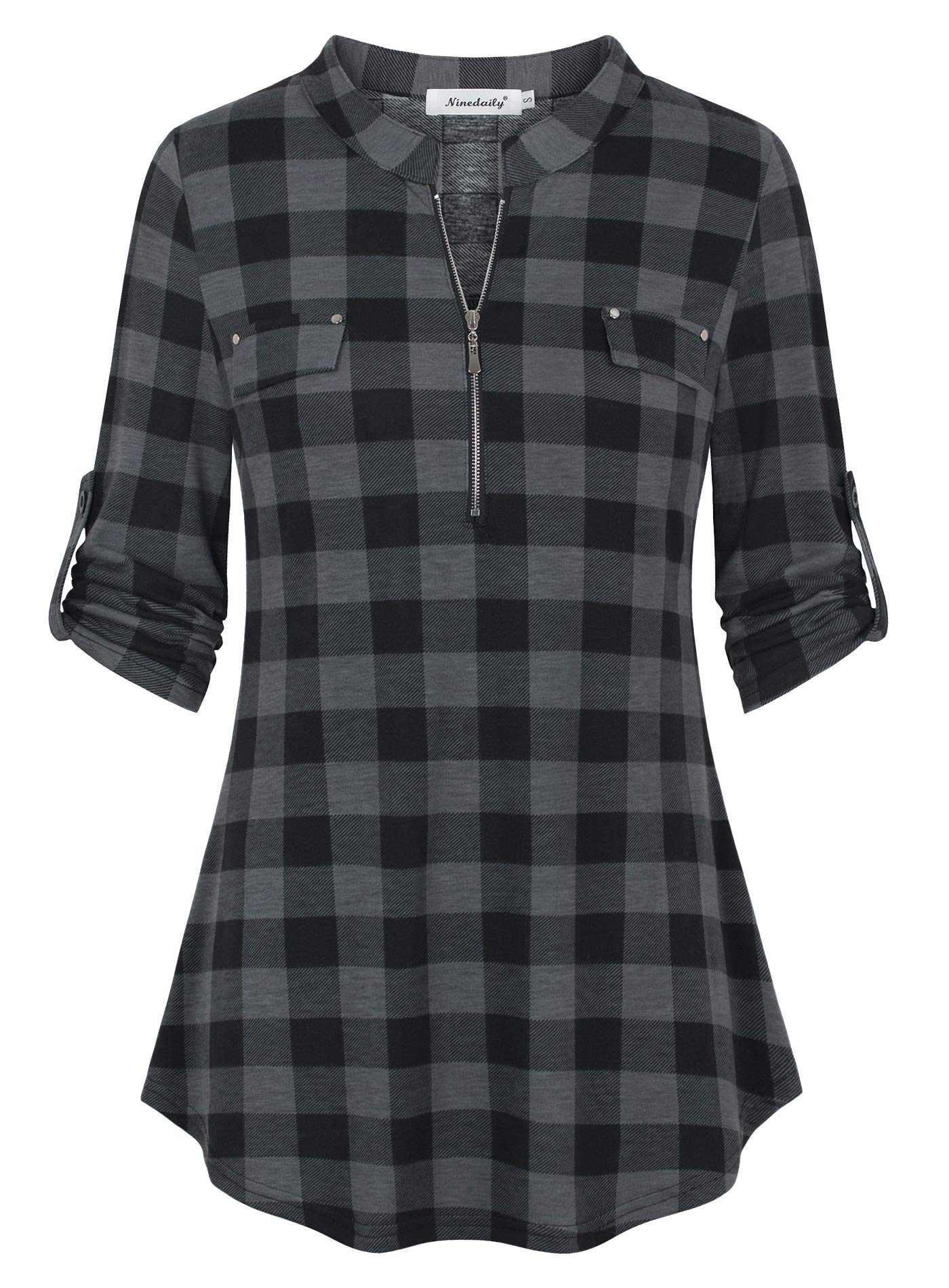 Ninedaily Women's 3/4 Sleeve Plaid Shirts Zip Floral Casual Tunic Blouse Tops