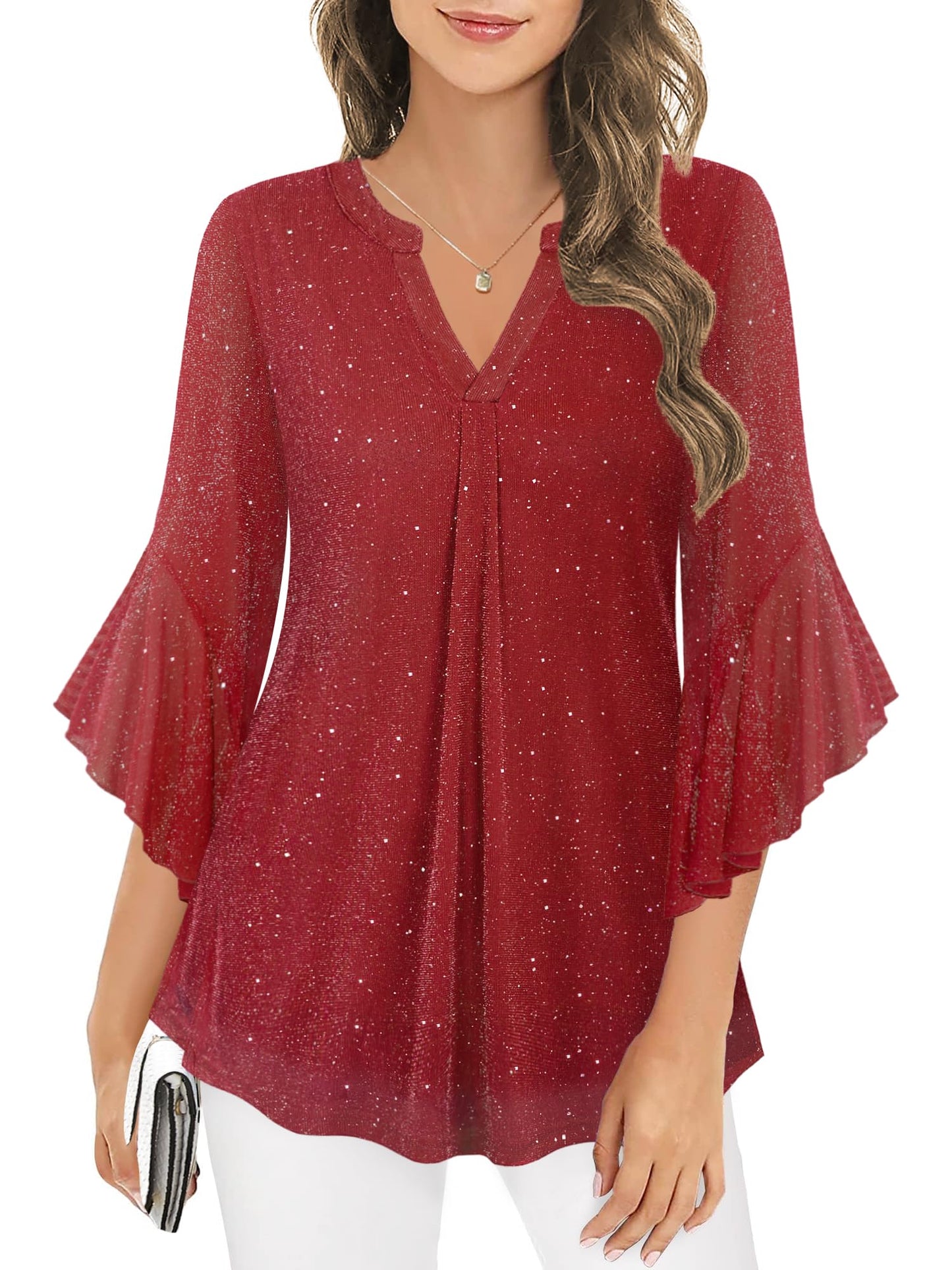 Ninedaily Womens Tops 3/4 Sleeve Dressy Casual Blouses Double Layers V Neck Shirt