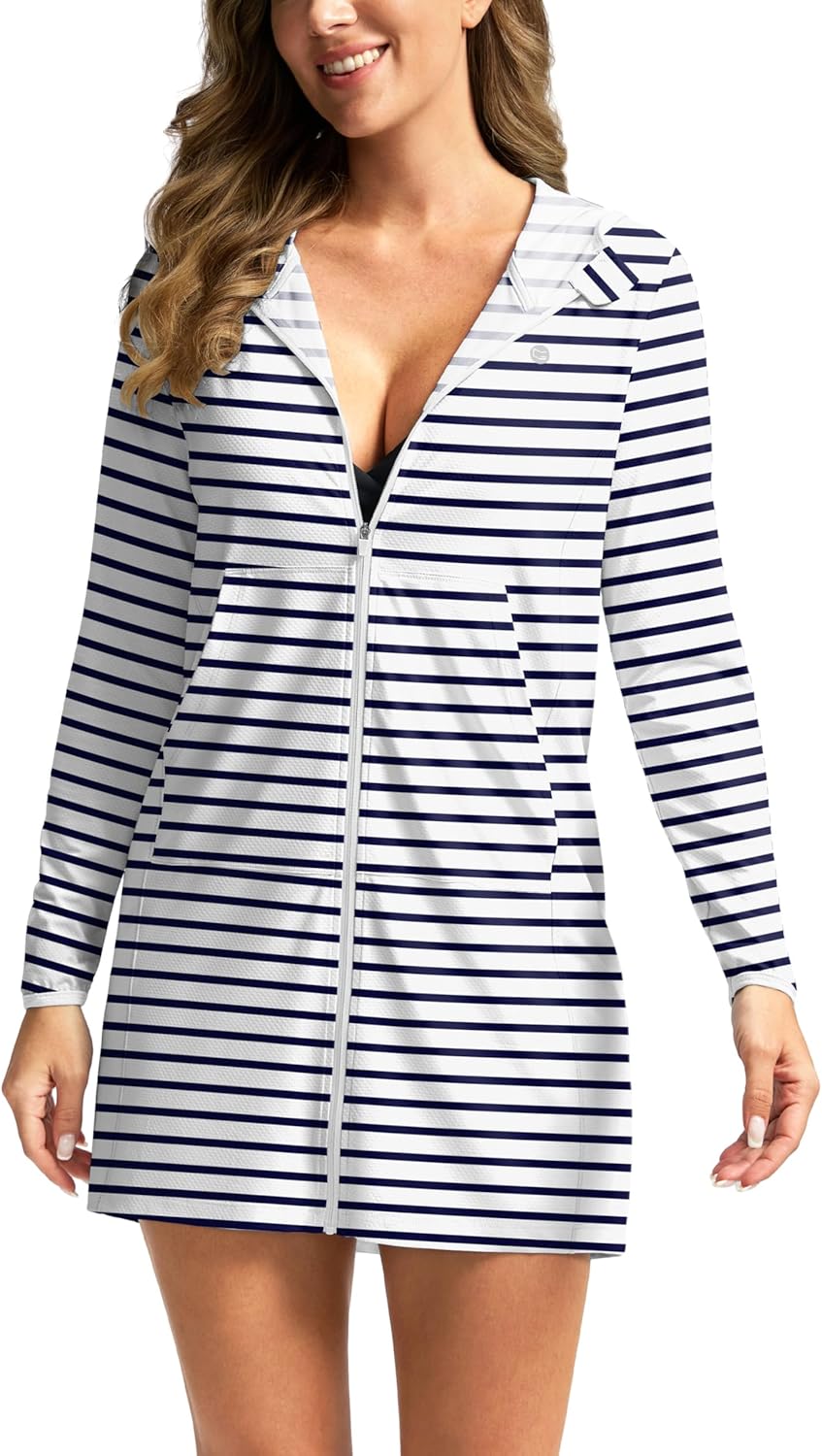 Women's UPF 50+ Swim Cover Up Sun Protection Hoodie Long Jacket SPF Lightweight Beach Cover Ups for Women