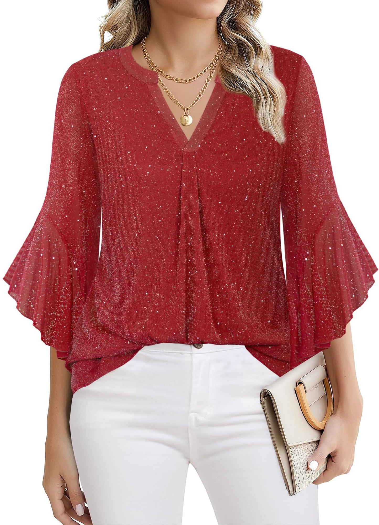 Ninedaily Womens Tops 3/4 Sleeve Dressy Casual Blouses Double Layers V Neck Shirt