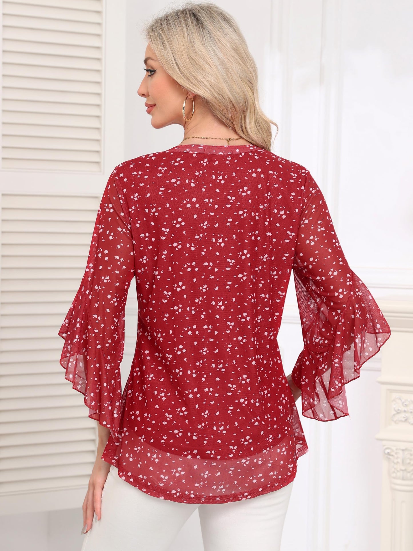 Ninedaily Womens Tops 3/4 Sleeve Dressy Casual Blouses Double Layers V Neck Shirt