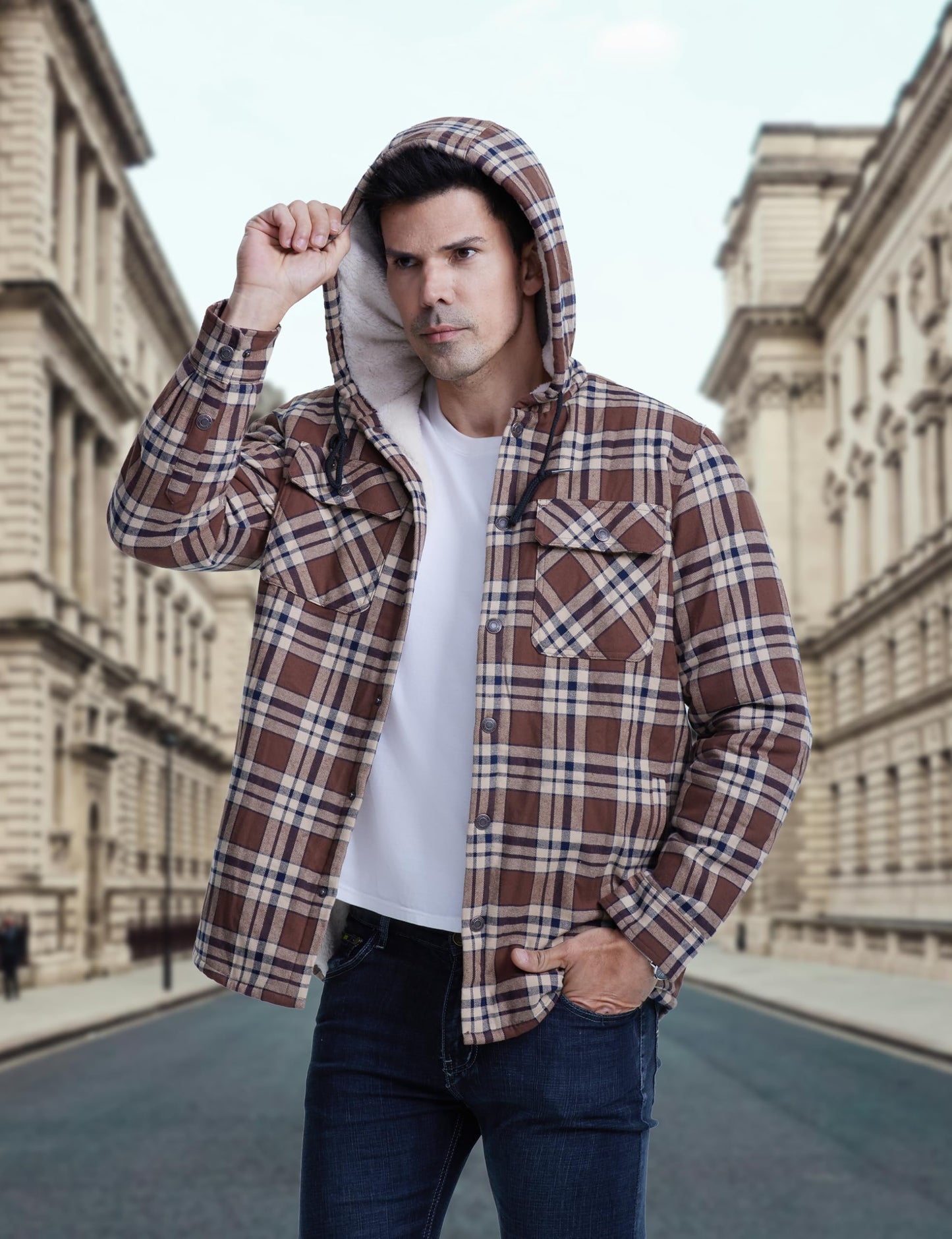 MAGNIVIT Mens Flannel Jacket Sherpa Fleece Lined Plaid Jackets Shirt Thick Snap Button Flannel Hoodie Cotton Winter Shacket