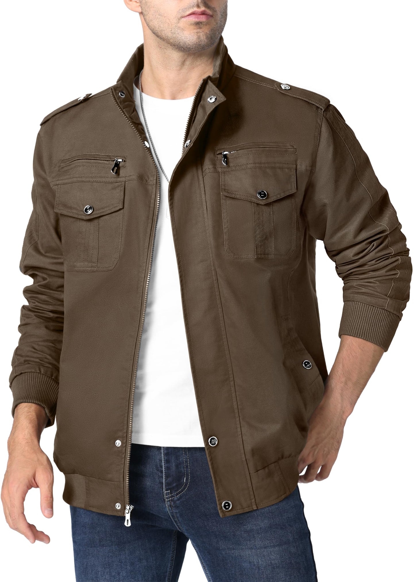 MAGNIVIT Men's Military Lightweight Army Windbreaker Cargo Jacket With Stand Collar, Zip Front, 7 Pockets - Cotton