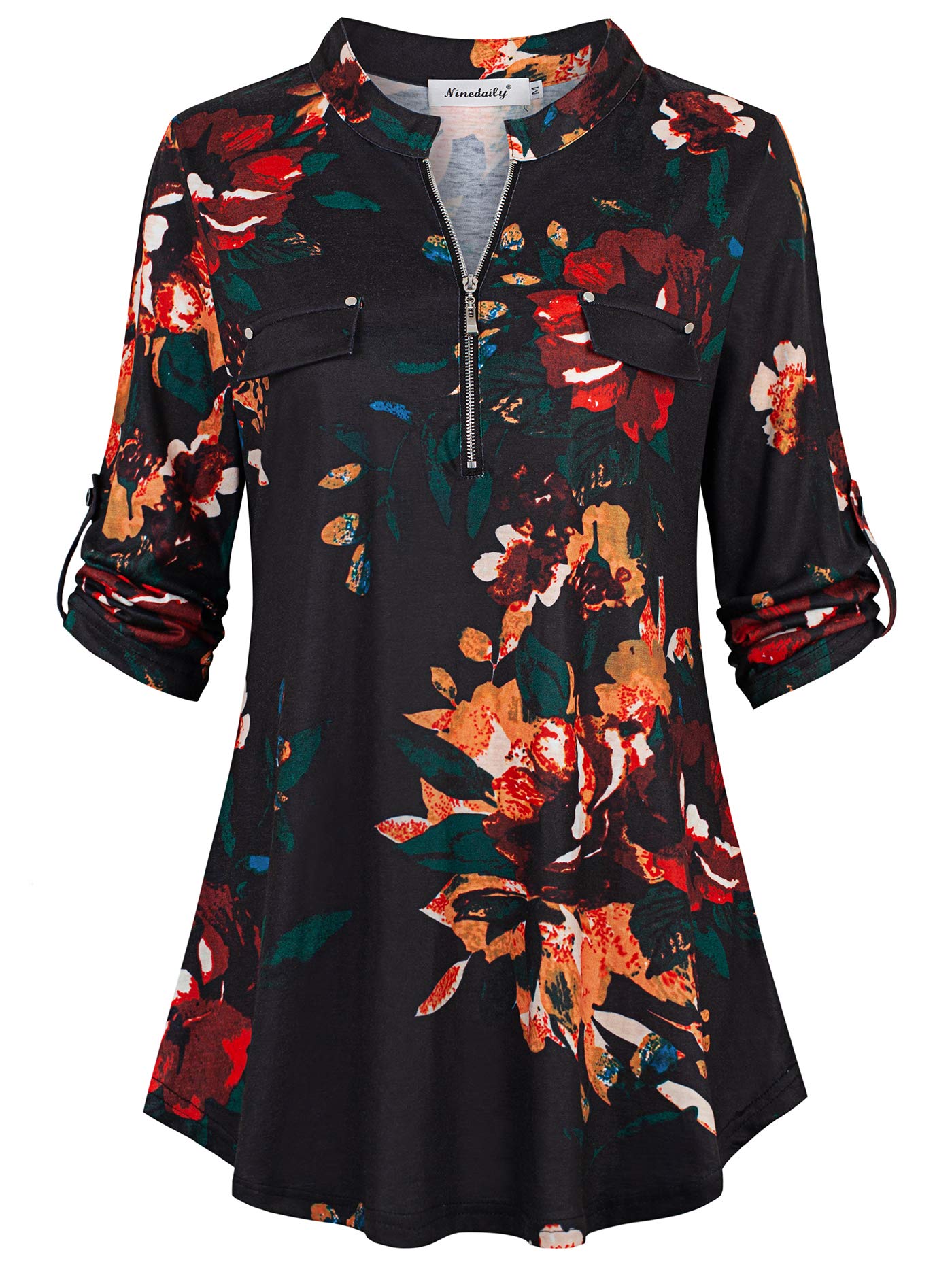 Ninedaily Women's 3/4 Sleeve Plaid Shirts Zip Floral Casual Tunic Blouse Tops