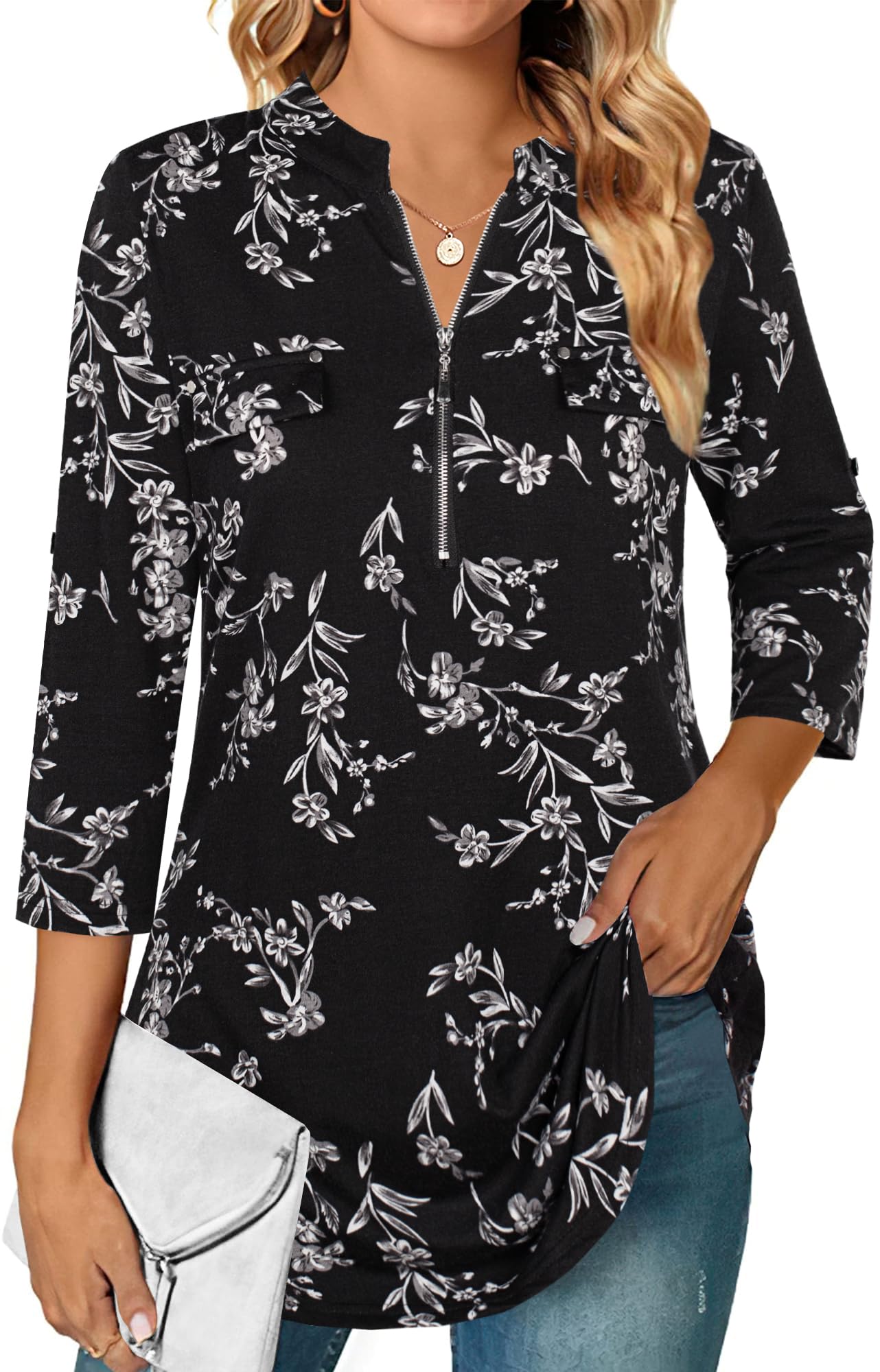 Ninedaily Women's 3/4 Sleeve Plaid Shirts Zip Floral Casual Tunic Blouse Tops