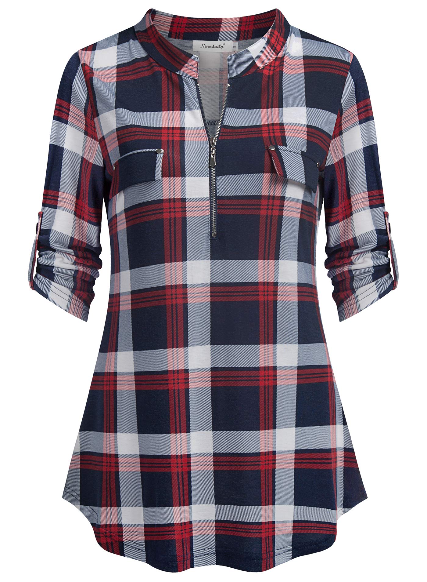Ninedaily Women's 3/4 Sleeve Plaid Shirts Zip Floral Casual Tunic Blouse Tops