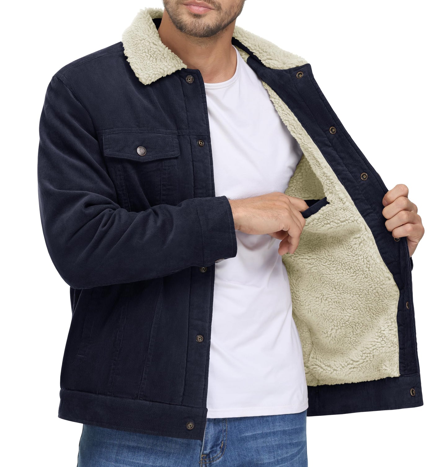 MAGNIVIT Men's Corduroy Fleece Cargo Jacket Winter Snap Button Lapel Sherpa Lined Trucker Cowboy Coat with 5 Pockets