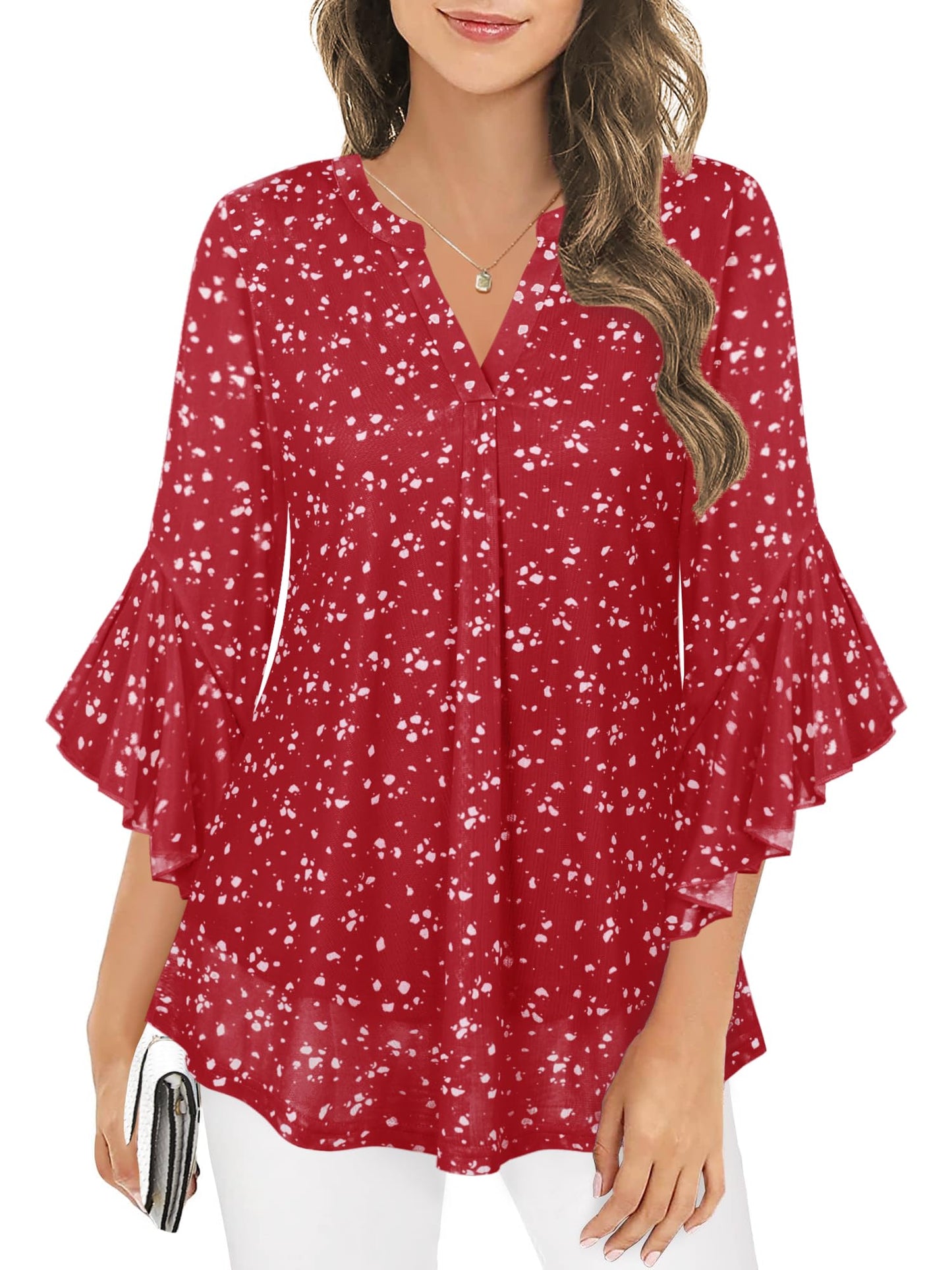 Ninedaily Womens Tops 3/4 Sleeve Dressy Casual Blouses Double Layers V Neck Shirt