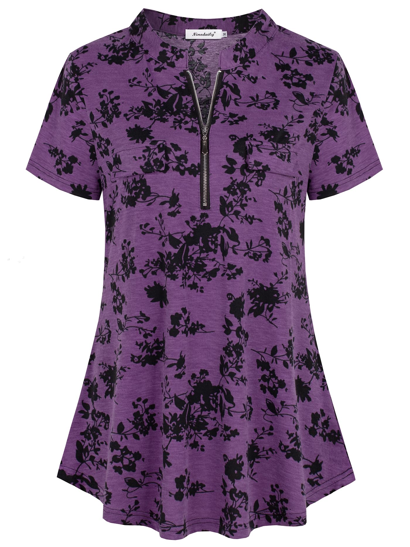 Ninedaily Women's Summer Tops Short Sleeve Casual Blouse Zip Floral Tunic Shirts