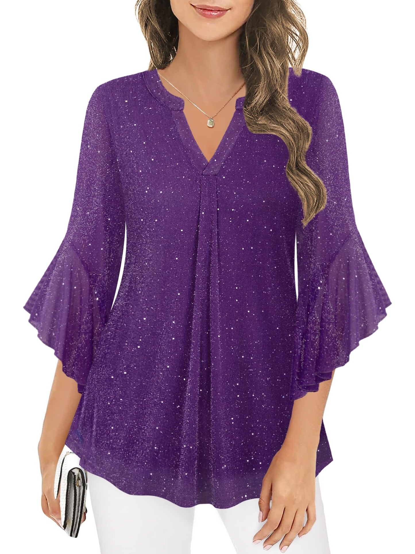 Ninedaily Womens Tops 3/4 Sleeve Dressy Casual Blouses Double Layers V Neck Shirt