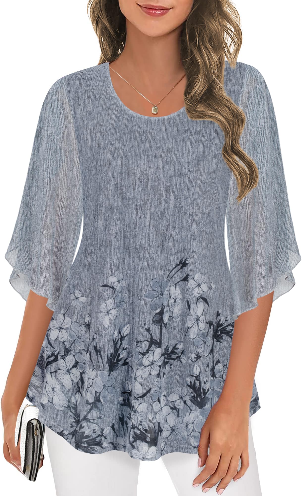 Ninedaily Women's Tops 3/4 Sleeve Blouses Dressy Casual Double Layers Mesh Tunic Shirts