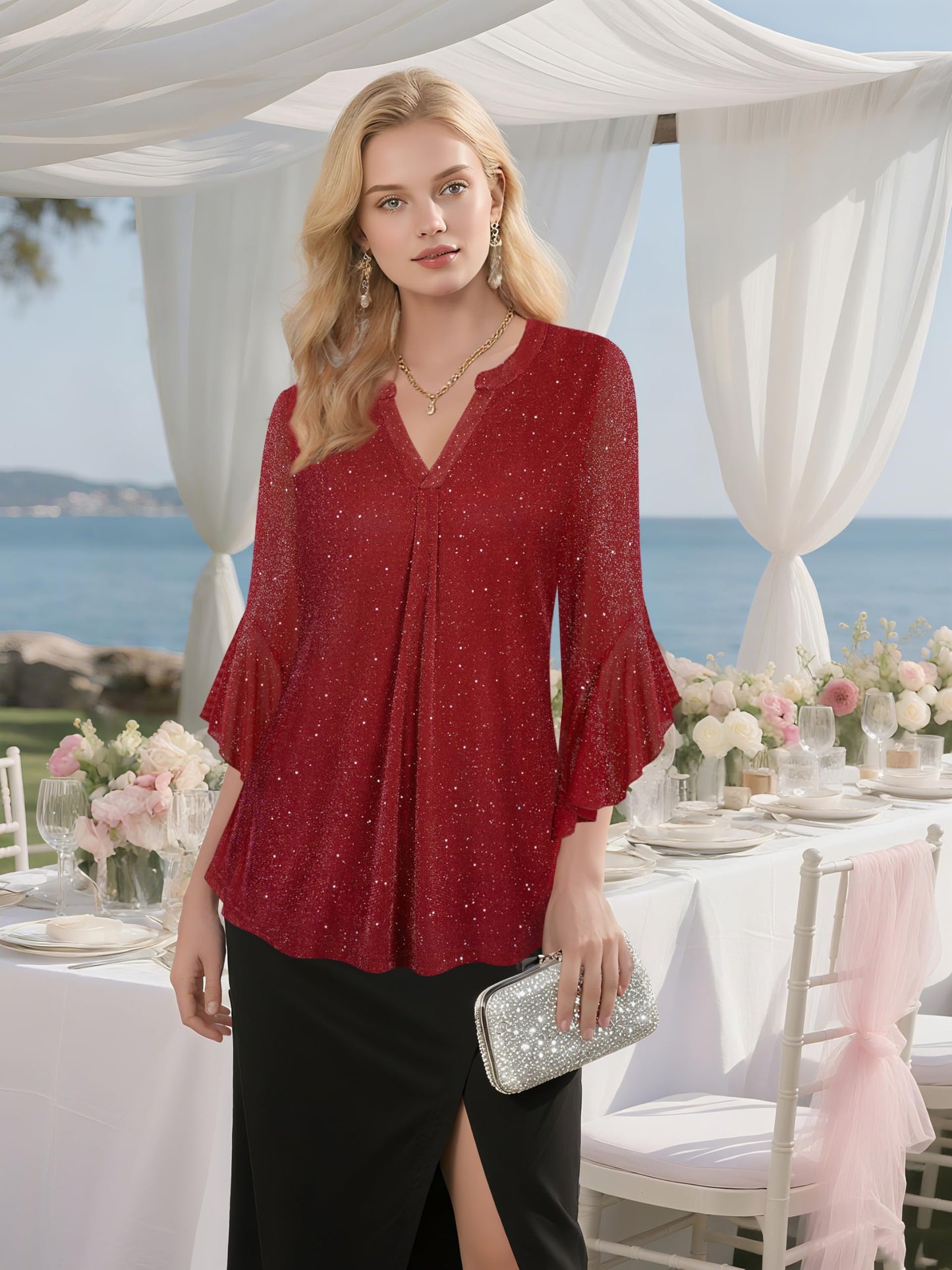 Ninedaily Womens Tops 3/4 Sleeve Dressy Casual Blouses Double Layers V Neck Shirt
