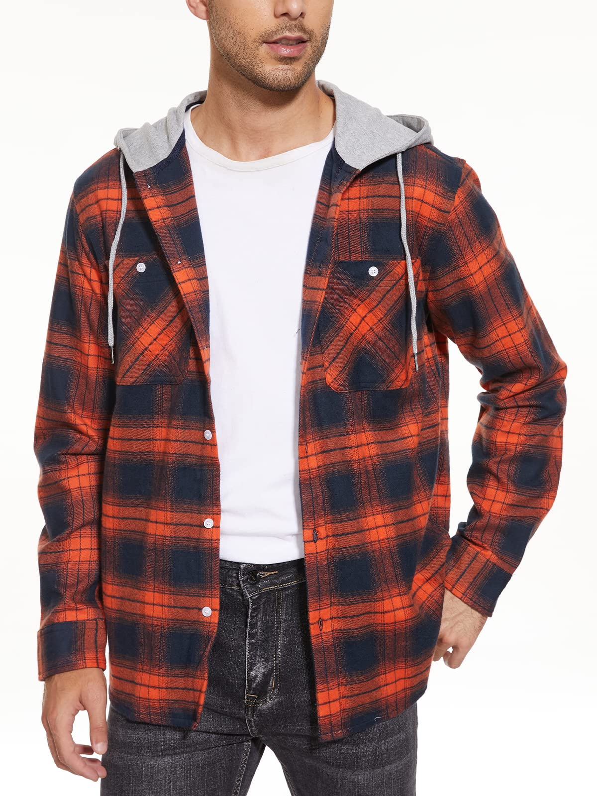 MAGNIVIT Mens Classic Plaid Long Sleeve Hooded Shirts Multi Pockets Thin Cotton Light Jacket Relaxed Fit Casual Outwear