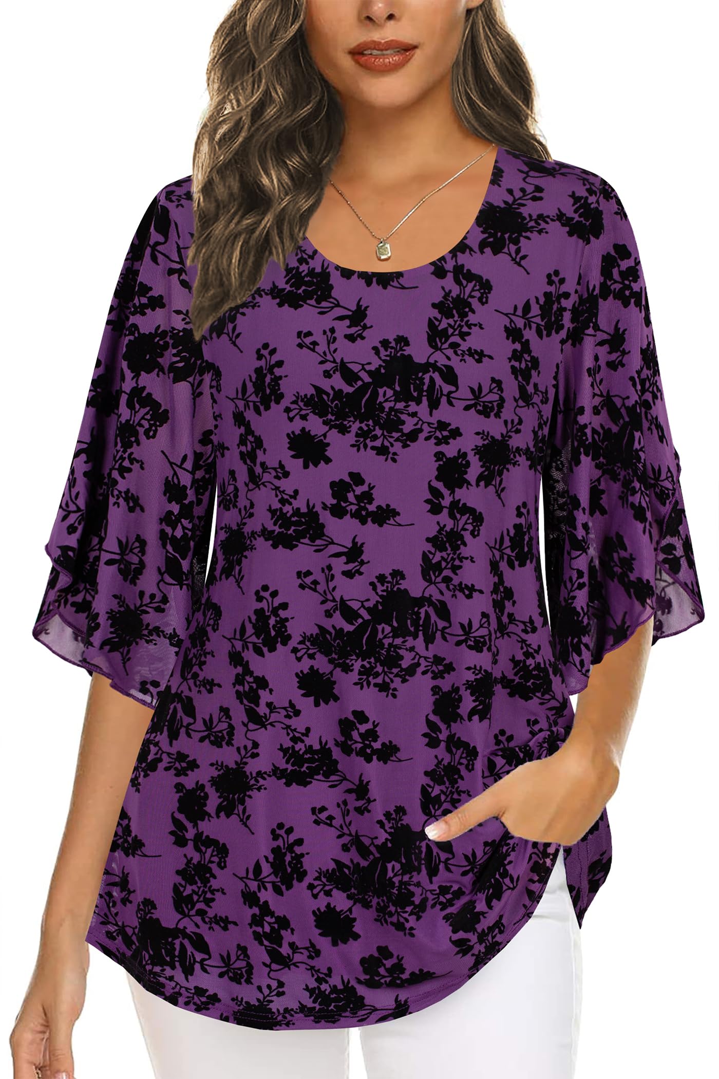 Ninedaily Women's Tops 3/4 Sleeve Blouses Dressy Casual Double Layers Mesh Tunic Shirts