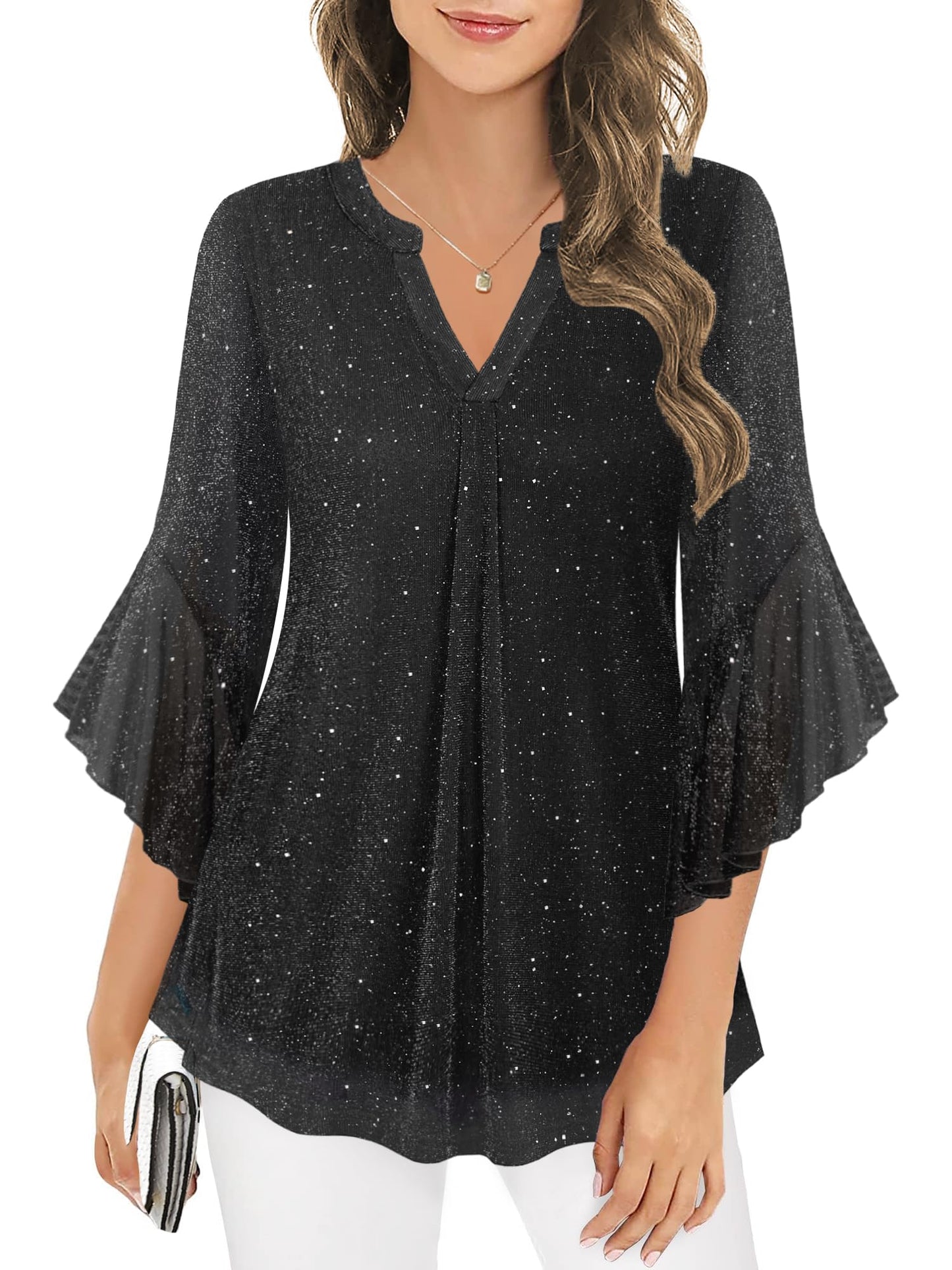 Ninedaily Womens Tops 3/4 Sleeve Dressy Casual Blouses Double Layers V Neck Shirt