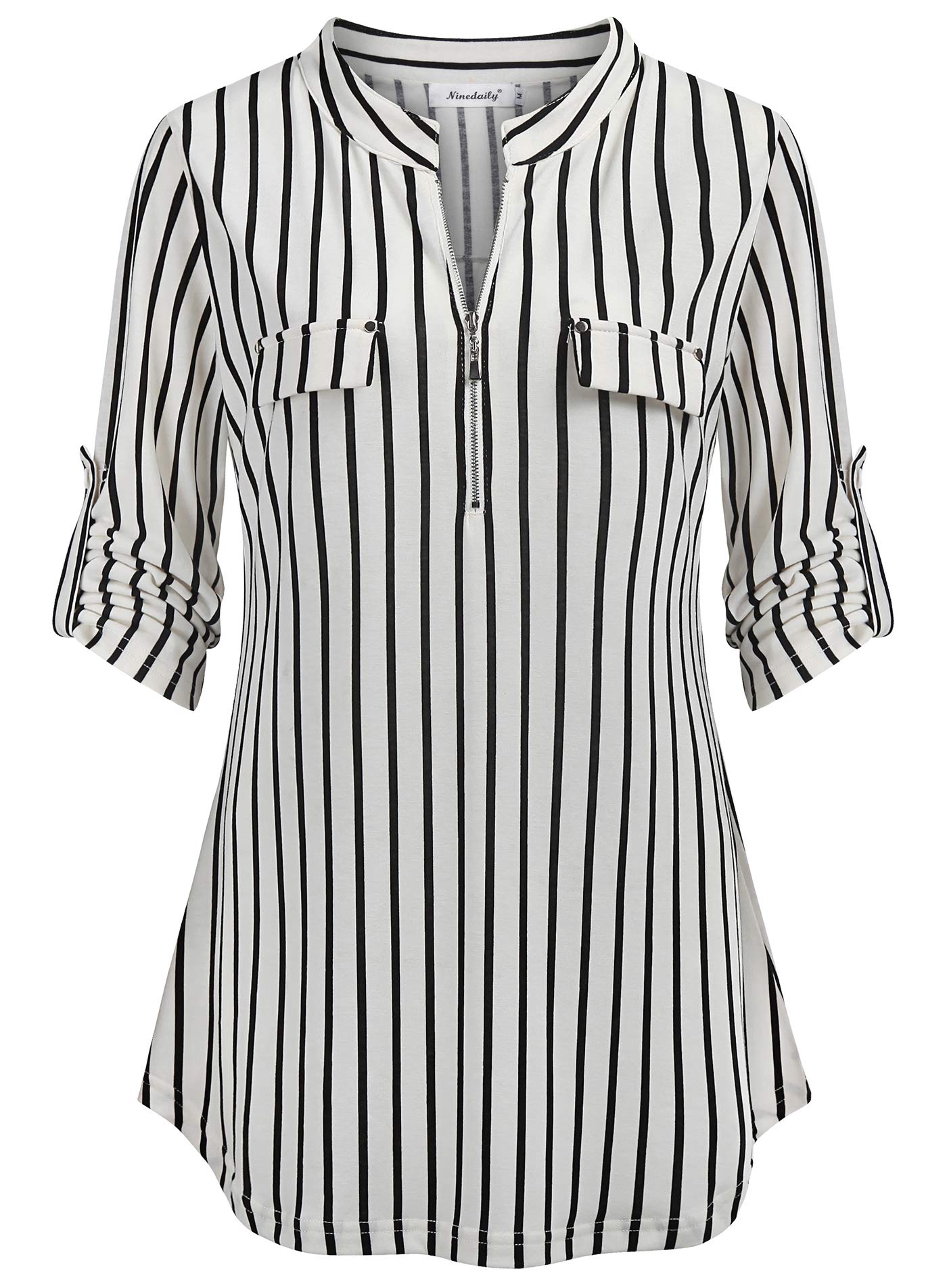 Ninedaily Women's 3/4 Sleeve Plaid Shirts Zip Floral Casual Tunic Blouse Tops