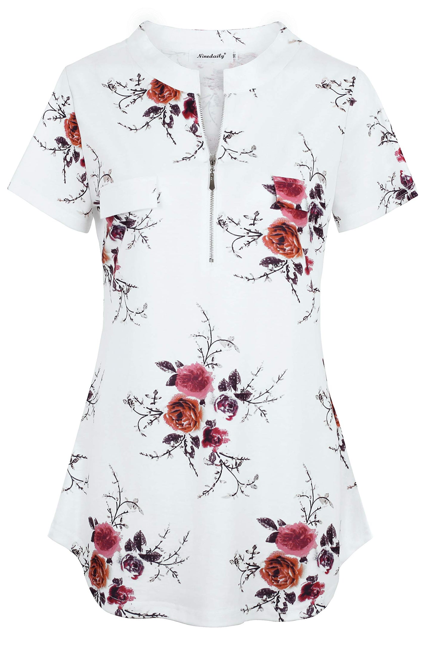 Ninedaily Women's Summer Tops Short Sleeve Casual Blouse Zip Floral Tunic Shirts