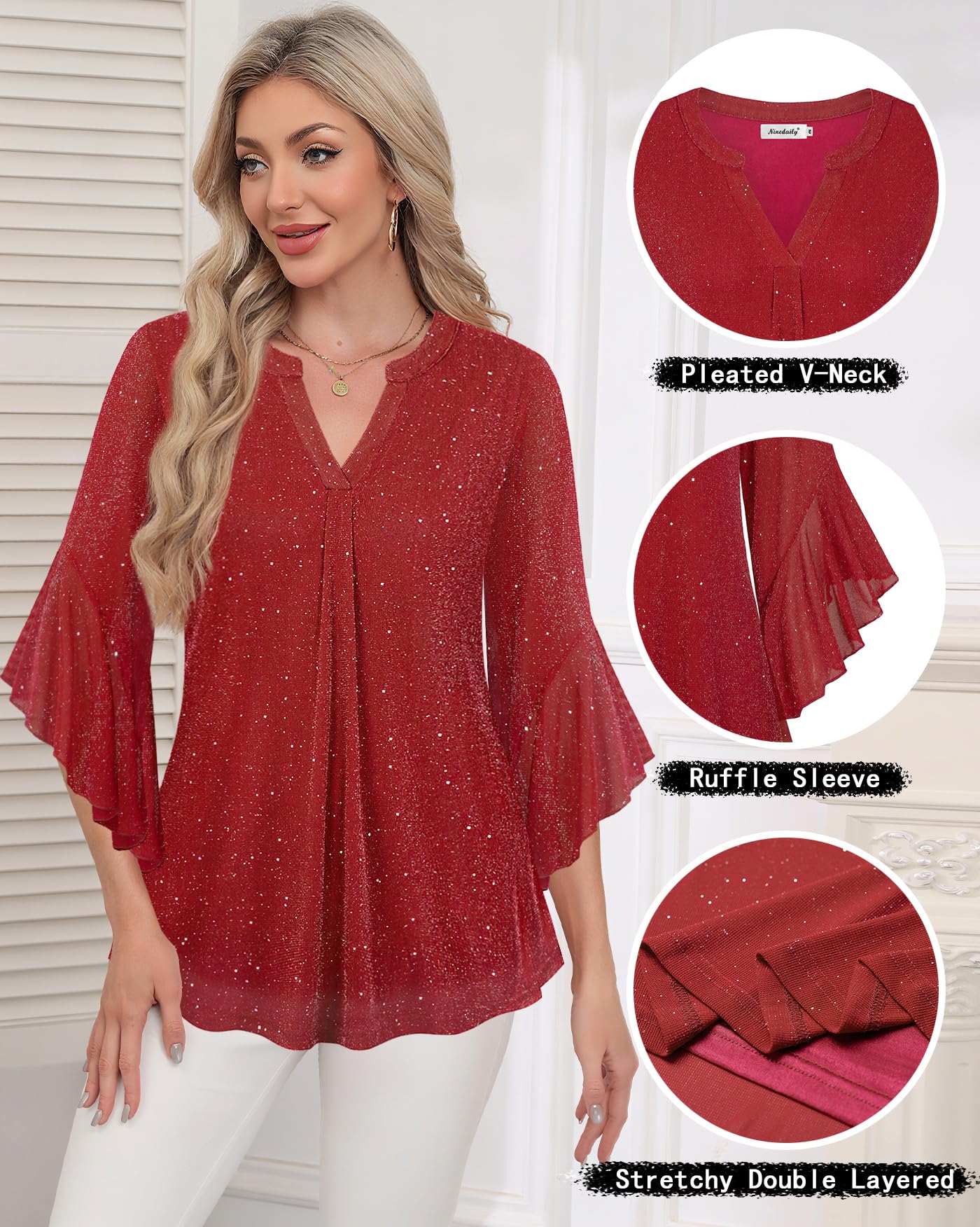 Ninedaily Womens Tops 3/4 Sleeve Dressy Casual Blouses Double Layers V Neck Shirt