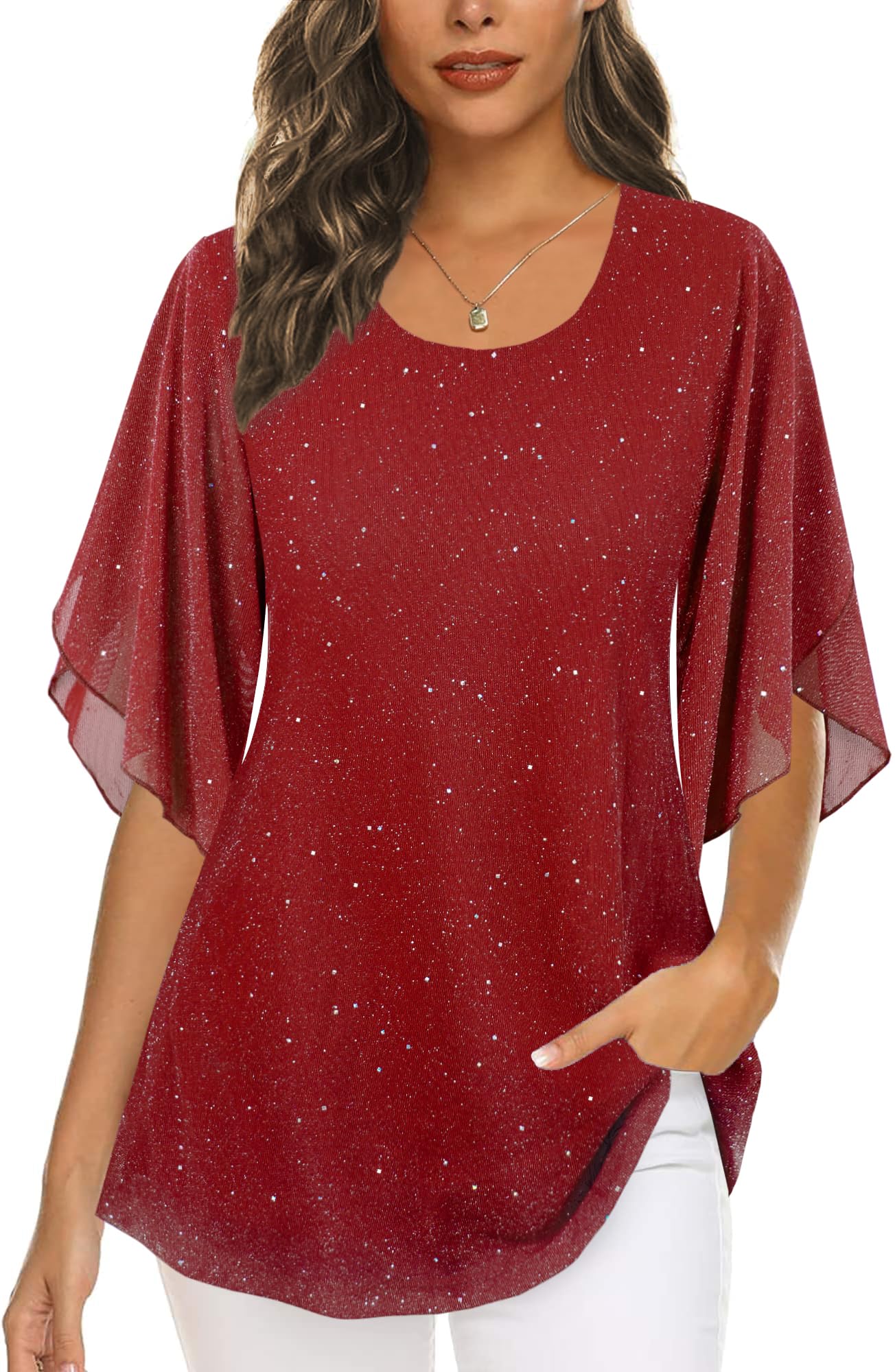 Ninedaily Women's Tops 3/4 Sleeve Blouses Dressy Casual Double Layers Mesh Tunic Shirts