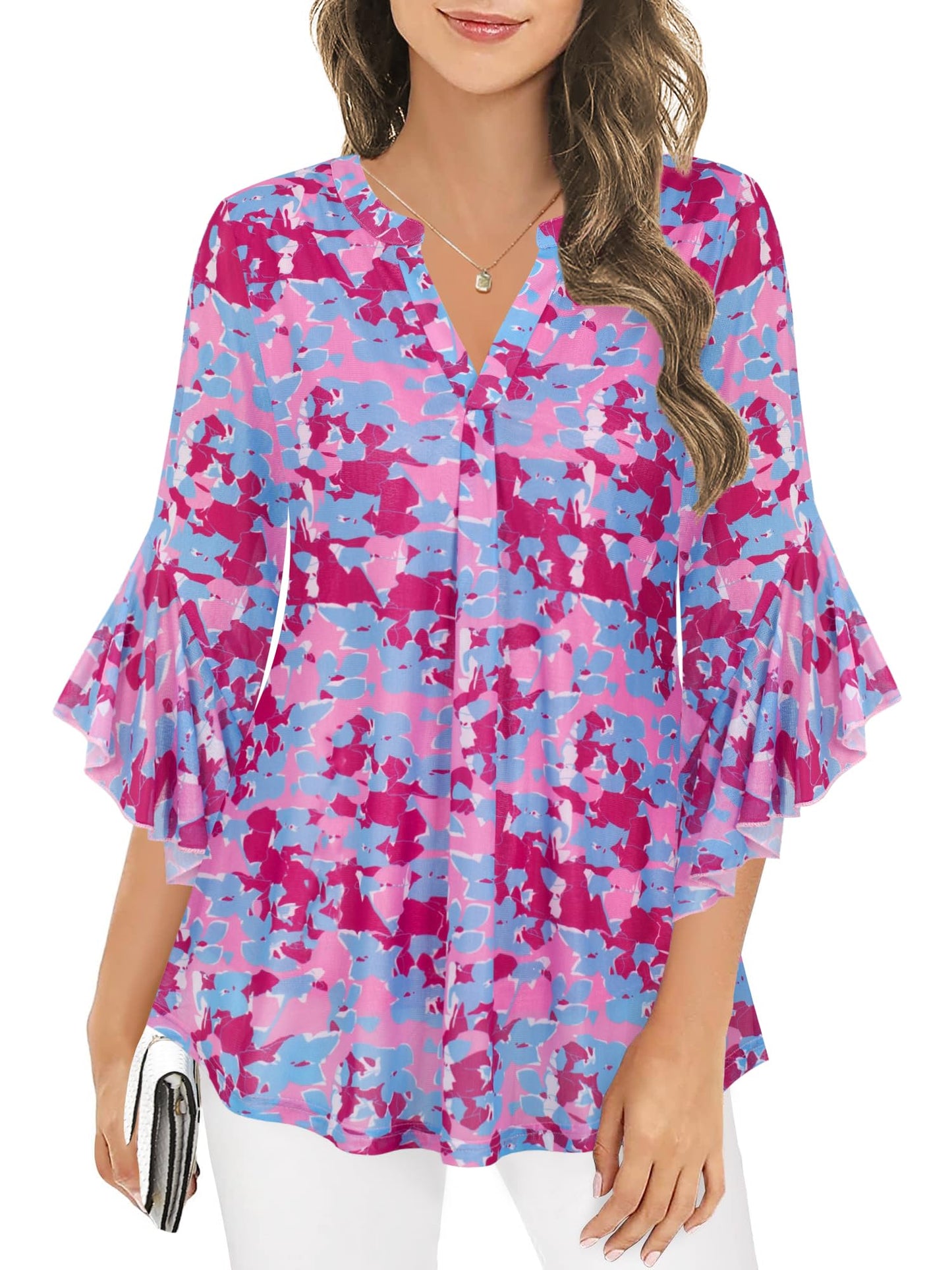 Ninedaily Womens Tops 3/4 Sleeve Dressy Casual Blouses Double Layers V Neck Shirt