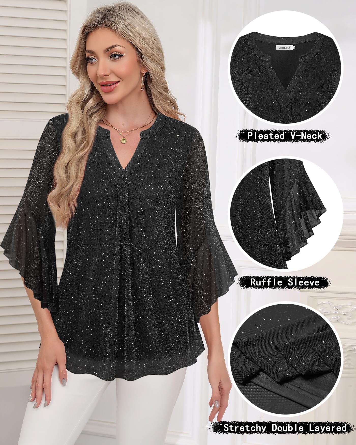 Ninedaily Womens Tops 3/4 Sleeve Dressy Casual Blouses Double Layers V Neck Shirt
