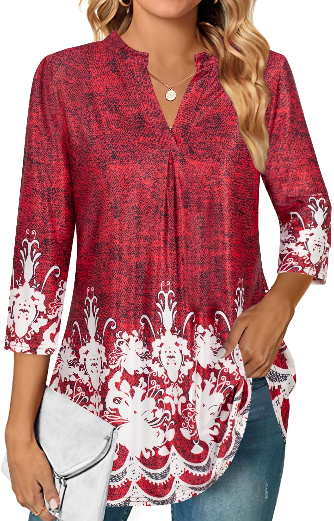 Ninedaily Womens Tops Dressy Casual 3/4 Sleeve V Neck Chiffon Shirt Work Blouses