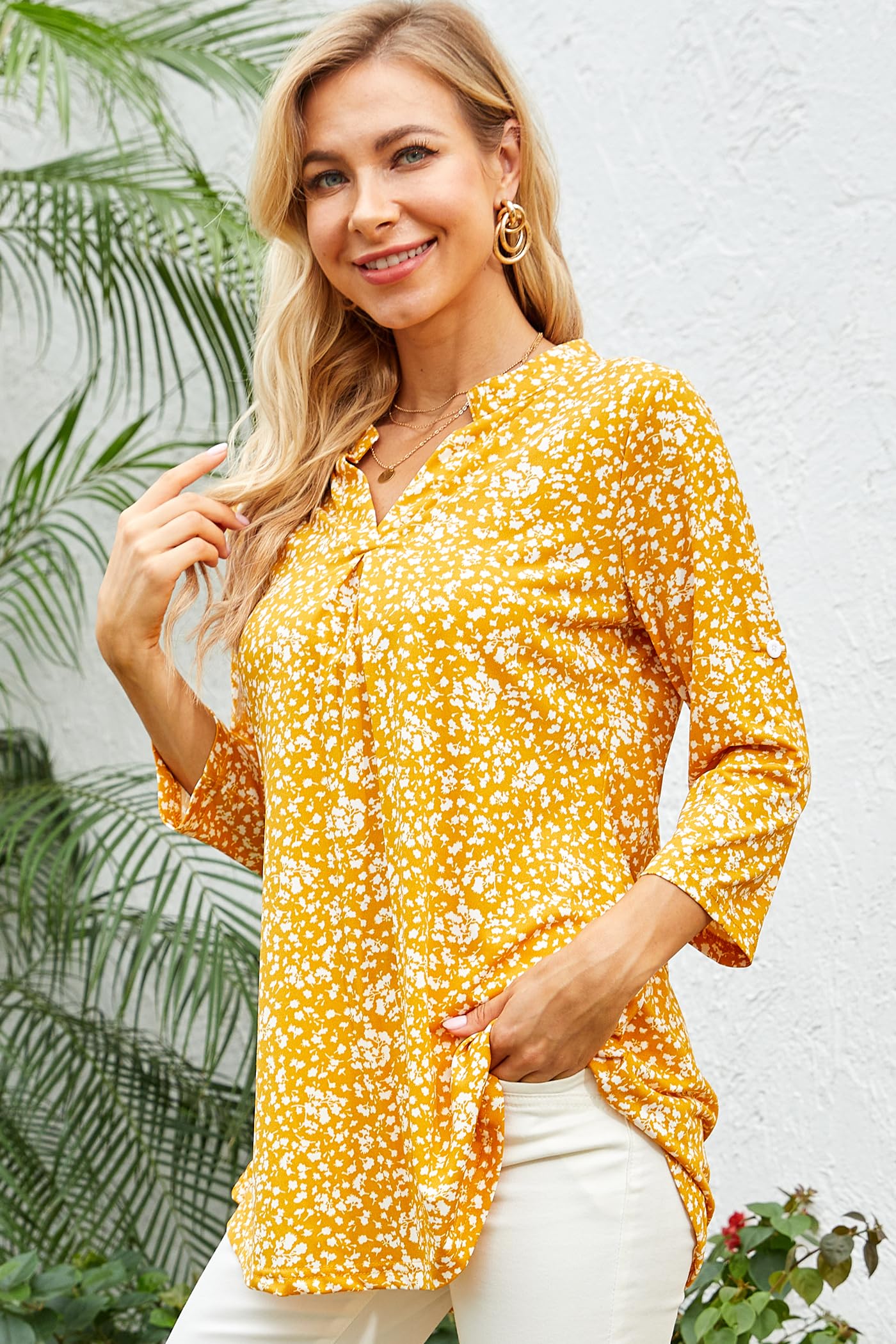 Ninedaily Womens Tops Dressy Casual 3/4 Sleeve V Neck Chiffon Shirt Work Blouses