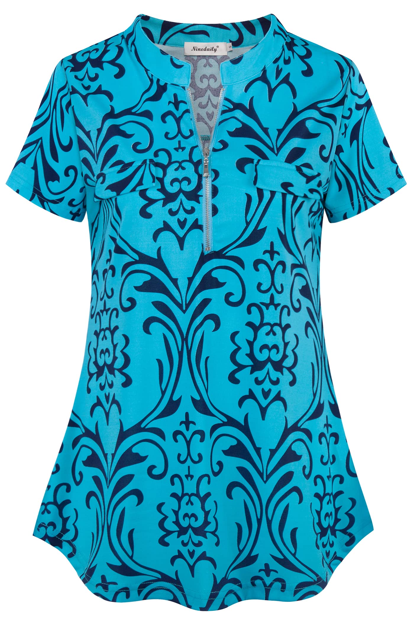 Ninedaily Women's Summer Tops Short Sleeve Casual Blouse Zip Floral Tunic Shirts
