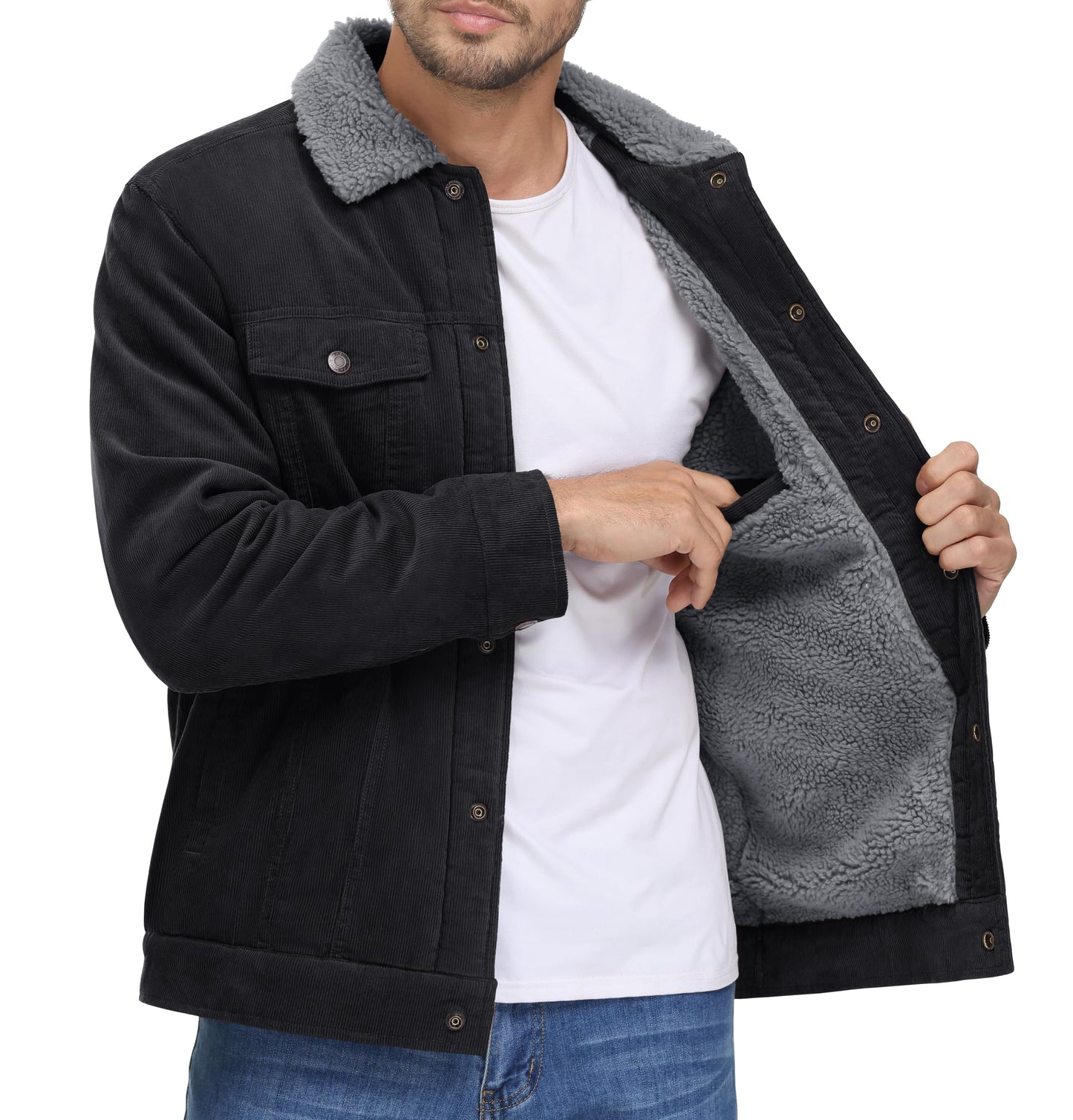 MAGNIVIT Men's Corduroy Fleece Cargo Jacket Winter Snap Button Lapel Sherpa Lined Trucker Cowboy Coat with 5 Pockets