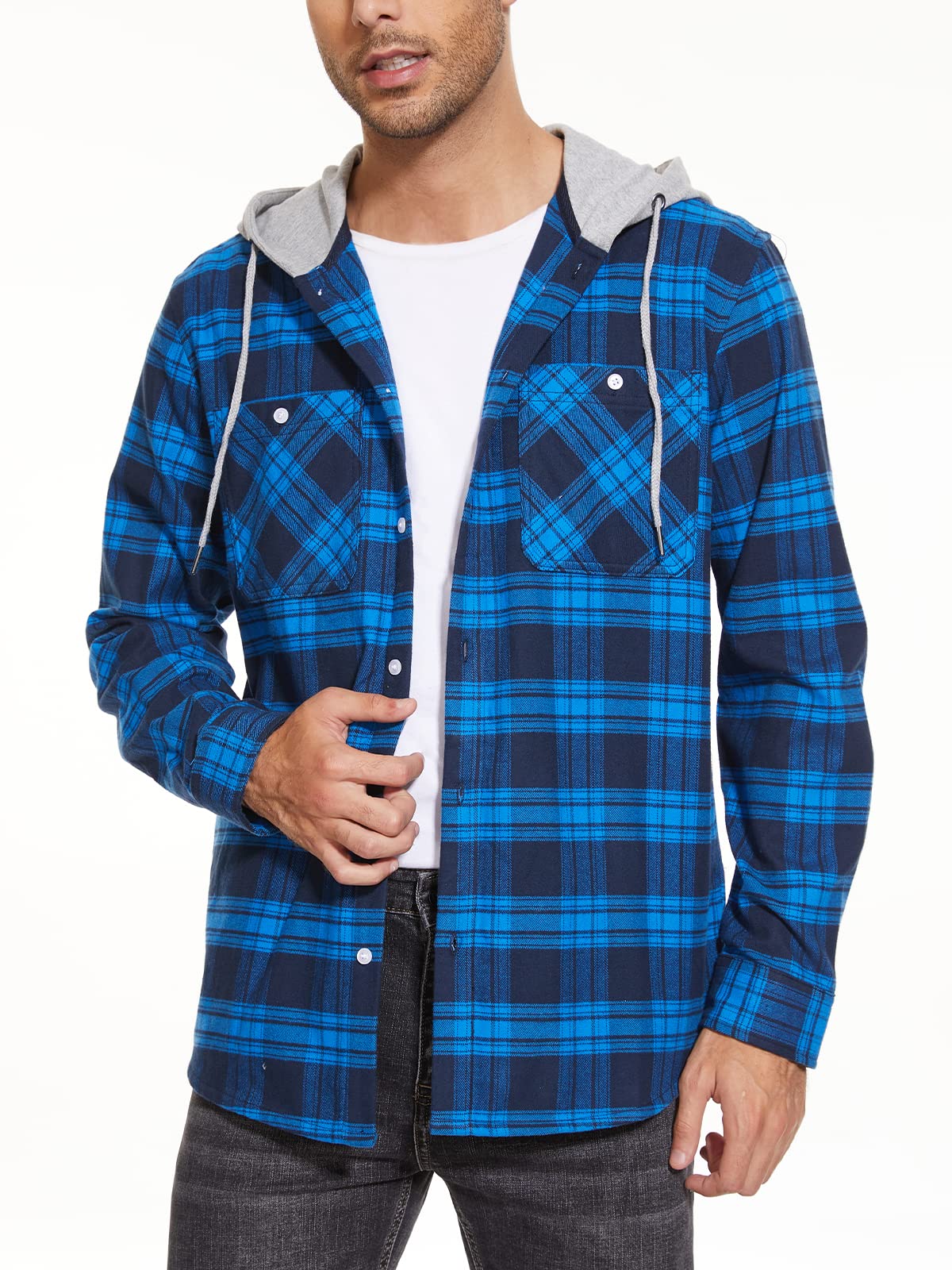 MAGNIVIT Mens Classic Plaid Long Sleeve Hooded Shirts Multi Pockets Thin Cotton Light Jacket Relaxed Fit Casual Outwear