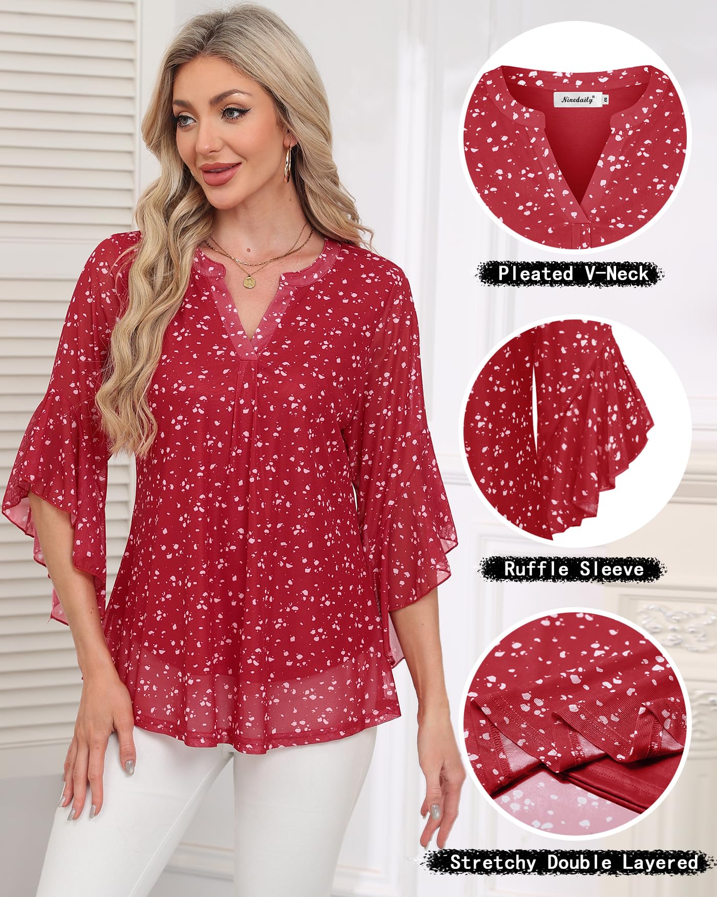 Ninedaily Womens Tops 3/4 Sleeve Dressy Casual Blouses Double Layers V Neck Shirt
