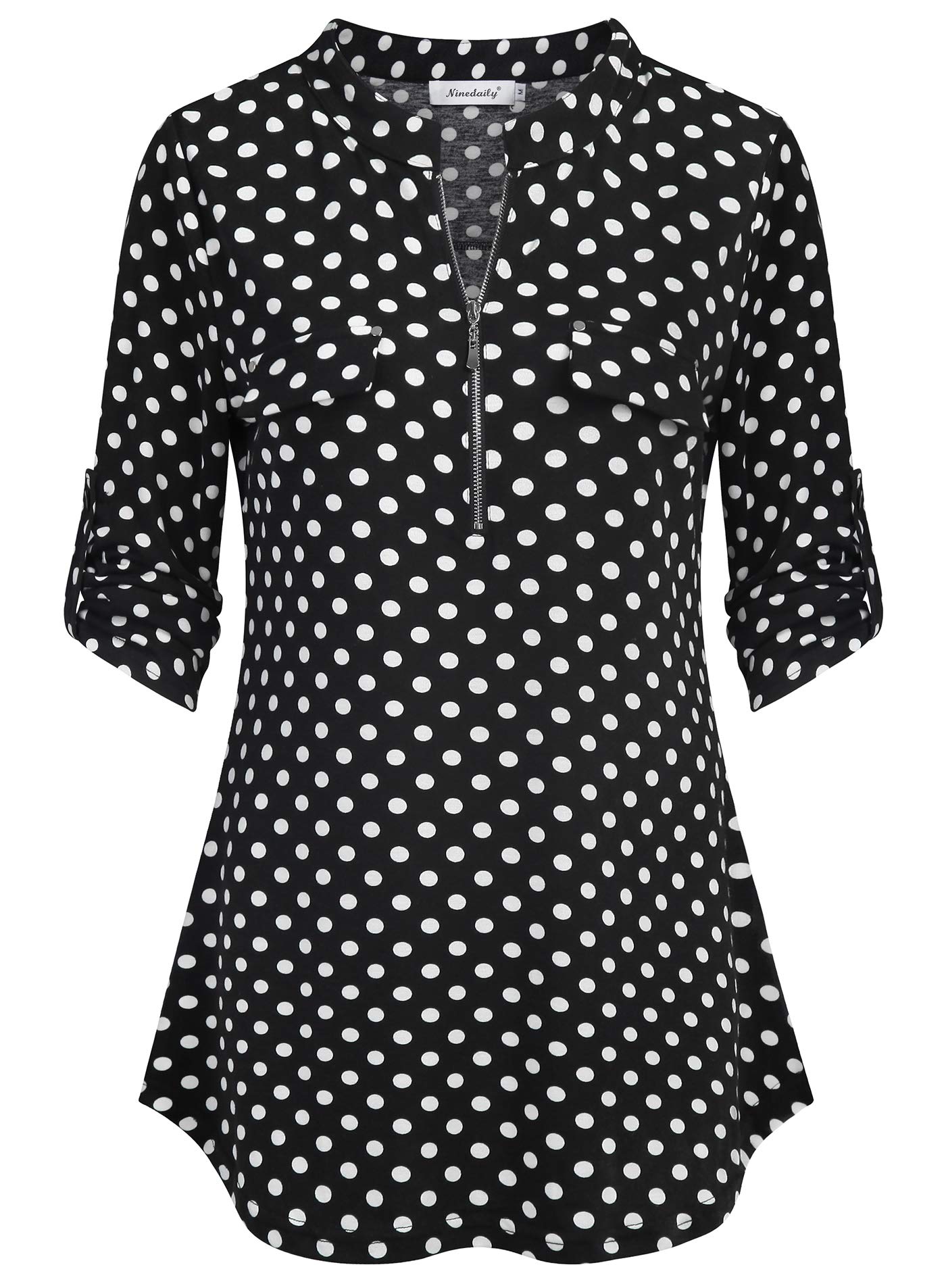 Ninedaily Women's 3/4 Sleeve Plaid Shirts Zip Floral Casual Tunic Blouse Tops