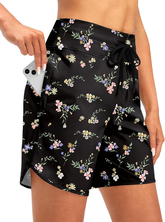 G Gradual Women's 7" Quick Dry High Waisted Swim Board Shorts with Zipper Pockets UPF 50+ Beach Shorts for Women with Liner