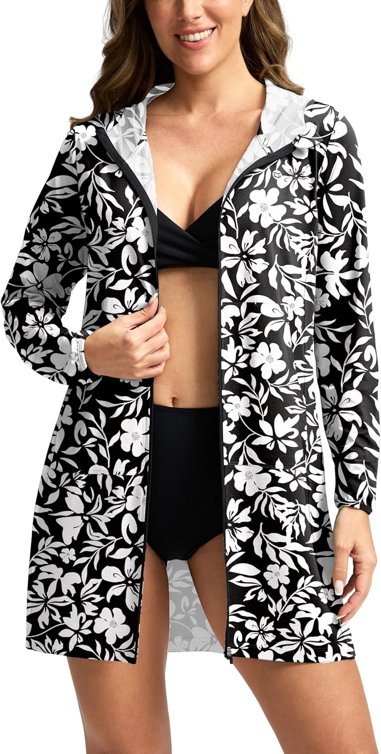 Women's UPF 50+ Swim Cover Up Sun Protection Hoodie Long Jacket SPF Lightweight Beach Cover Ups for Women