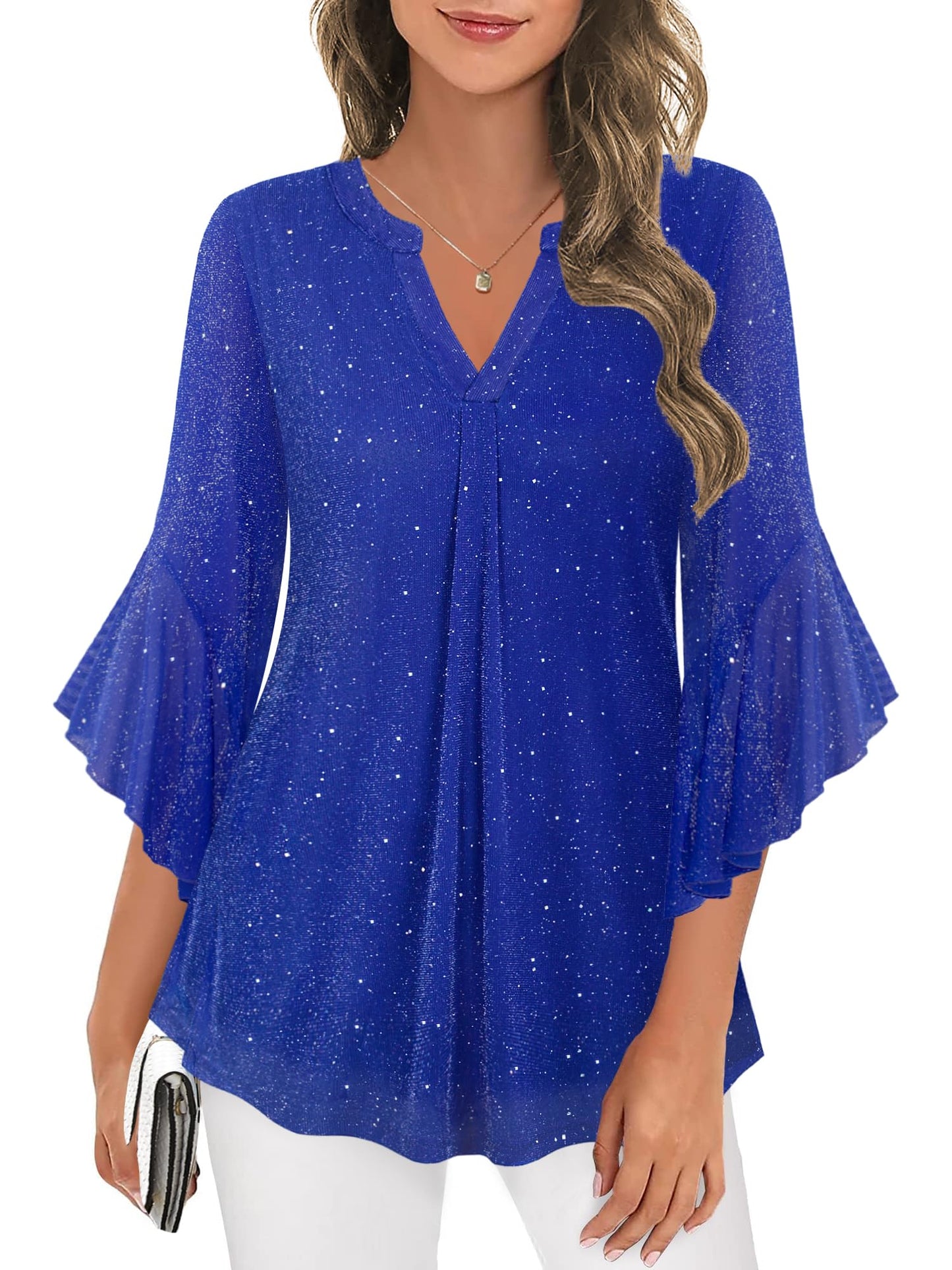 Ninedaily Womens Tops 3/4 Sleeve Dressy Casual Blouses Double Layers V Neck Shirt