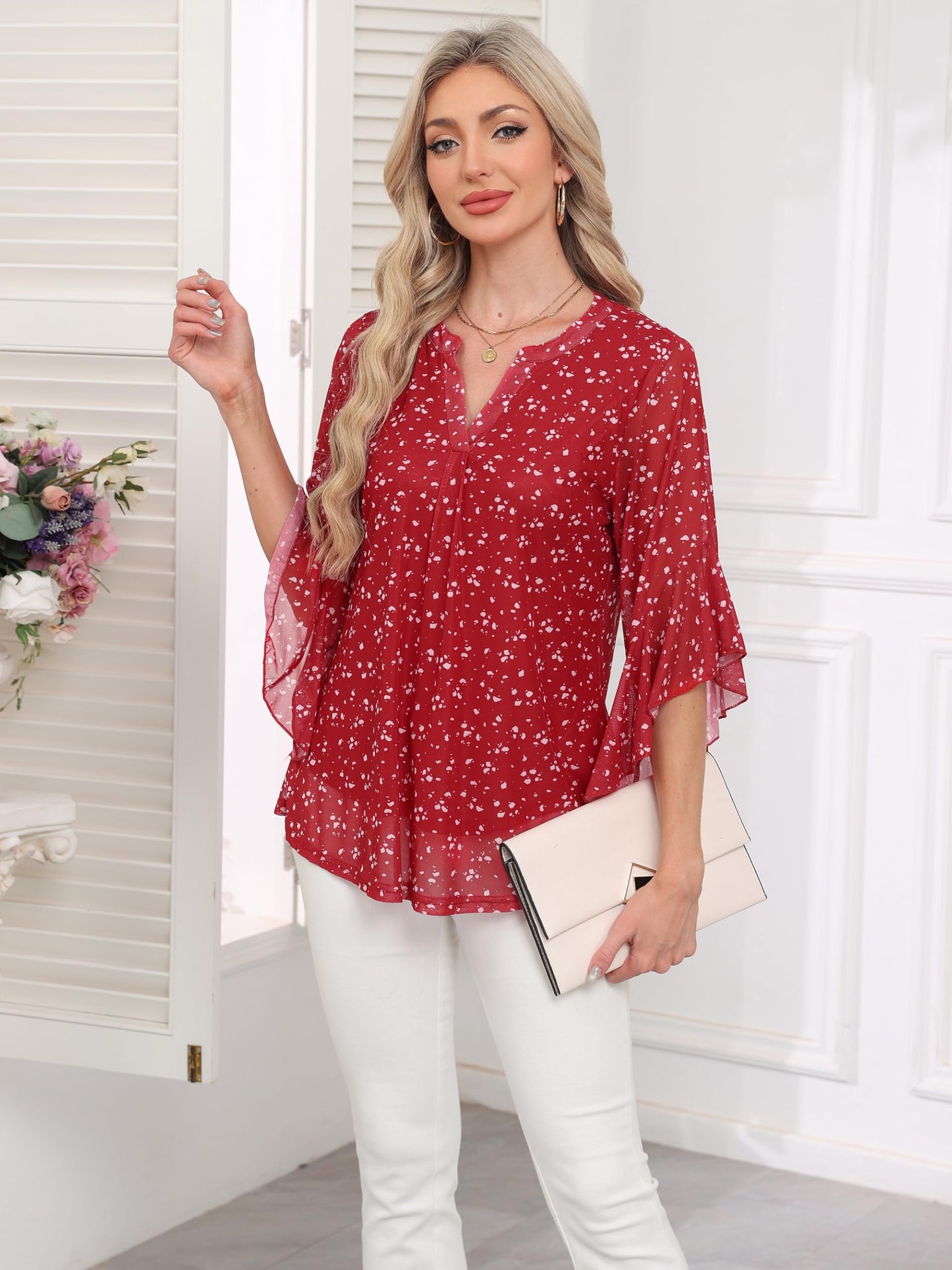 Ninedaily Womens Tops 3/4 Sleeve Dressy Casual Blouses Double Layers V Neck Shirt