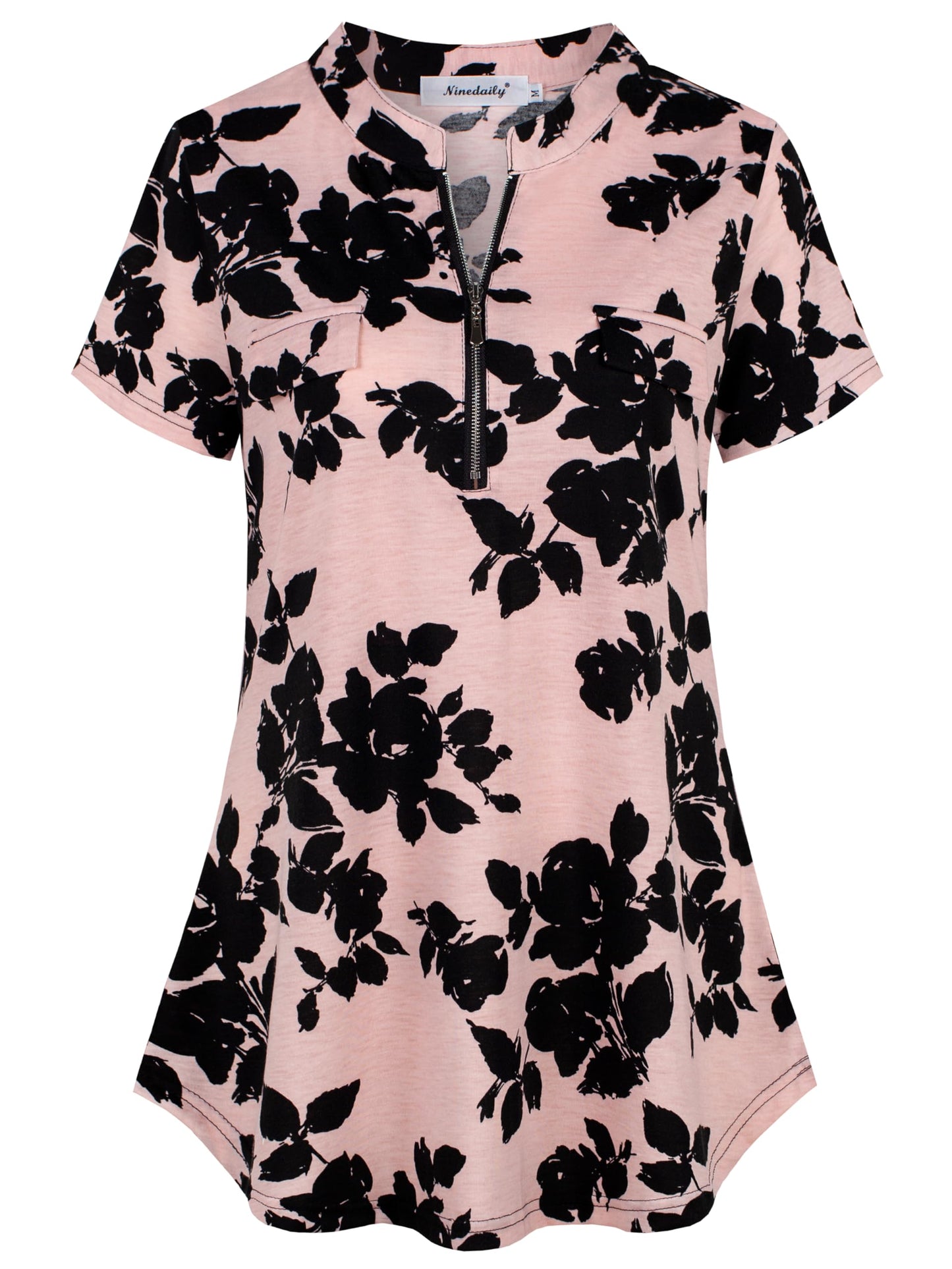 Ninedaily Women's Summer Tops Short Sleeve Casual Blouse Zip Floral Tunic Shirts