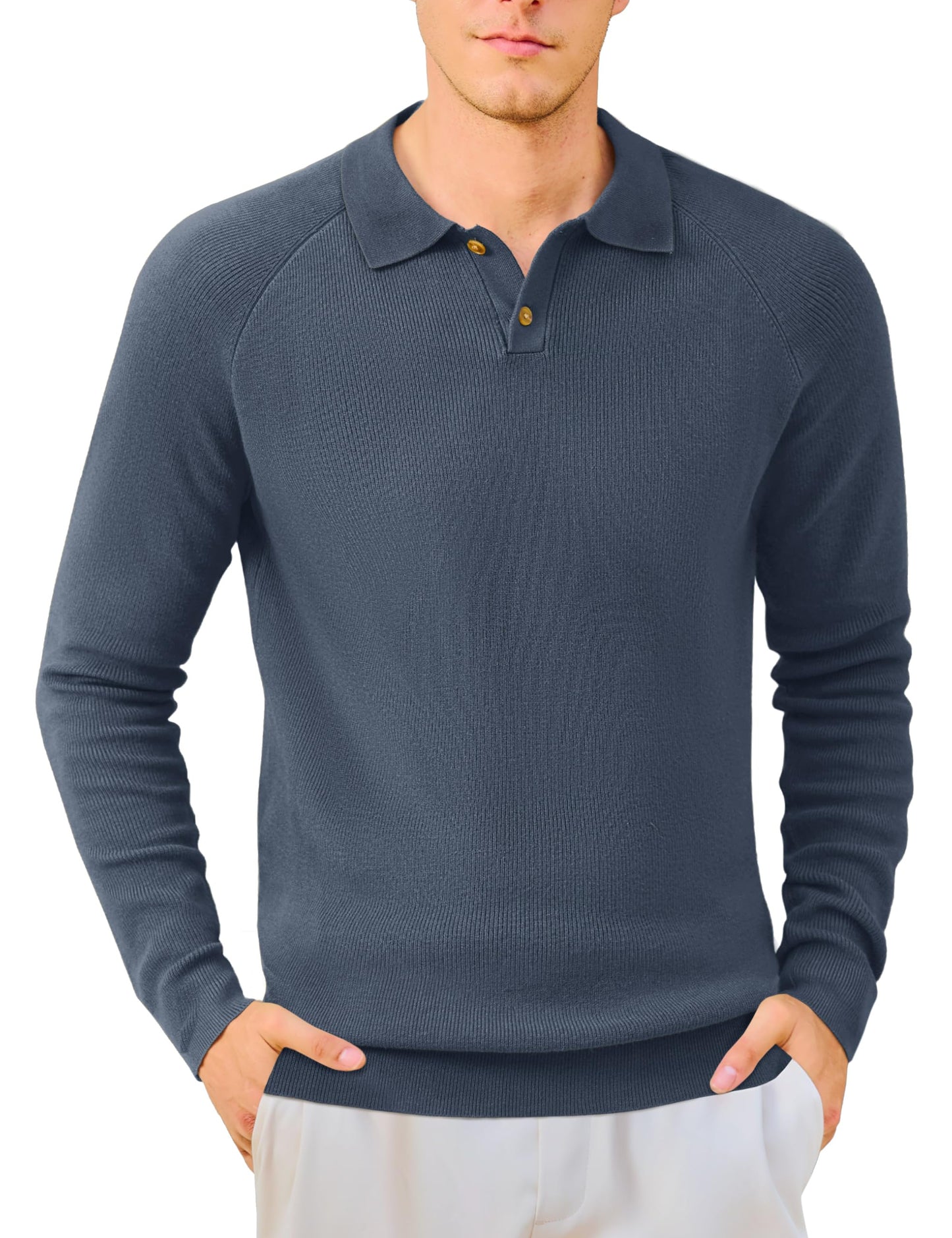 MAGNIVIT Mens Long Sleeve Knit Polo Shirts Casual Raglan Sleeve Sweater 2-Button Down Anti-Pilling Golf Shirts
