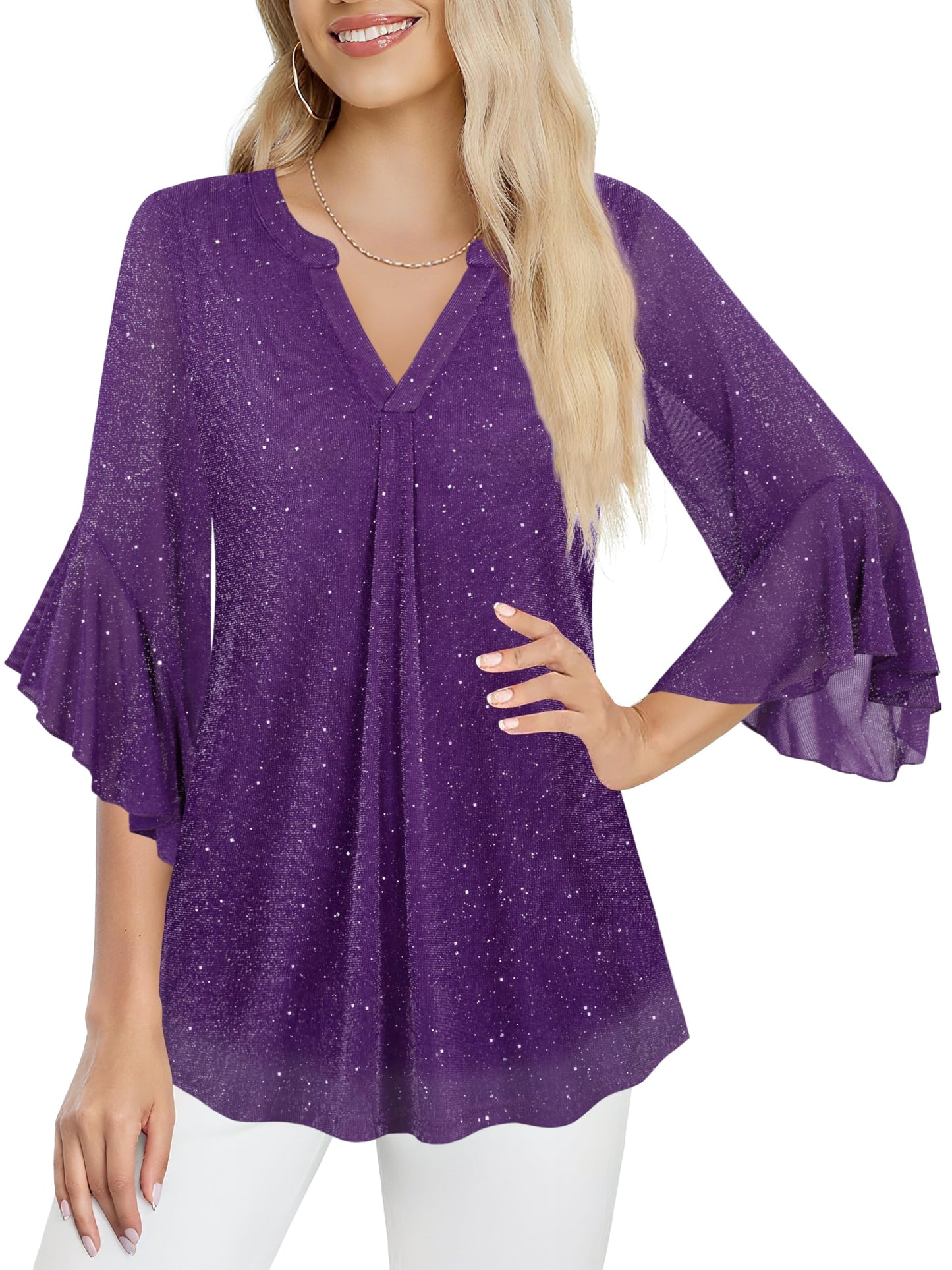 Ninedaily Womens Tops 3/4 Sleeve Dressy Casual Blouses Double Layers V Neck Shirt