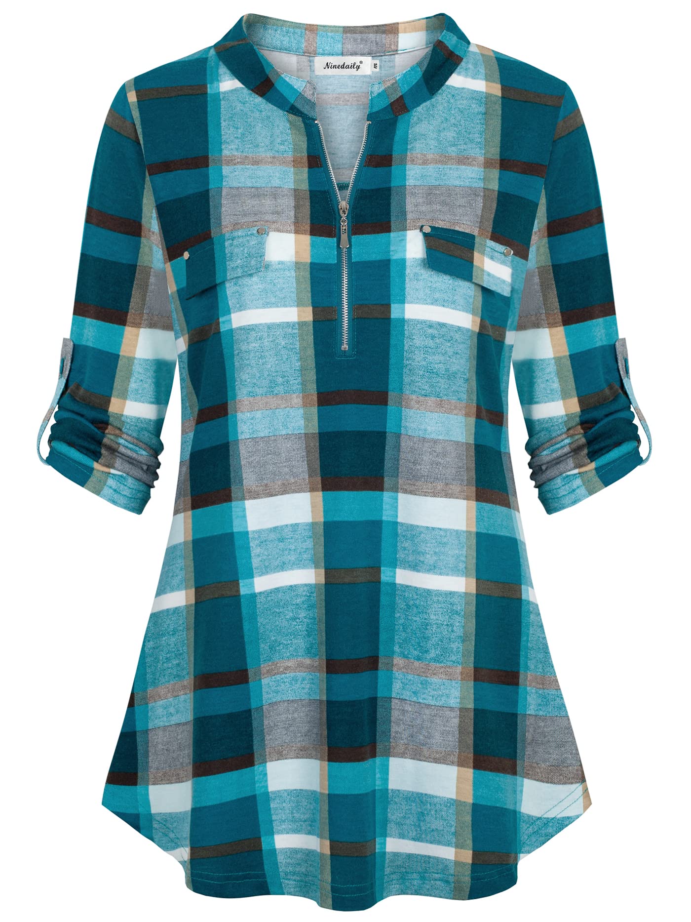 Ninedaily Women's 3/4 Sleeve Plaid Shirts Zip Floral Casual Tunic Blouse Tops