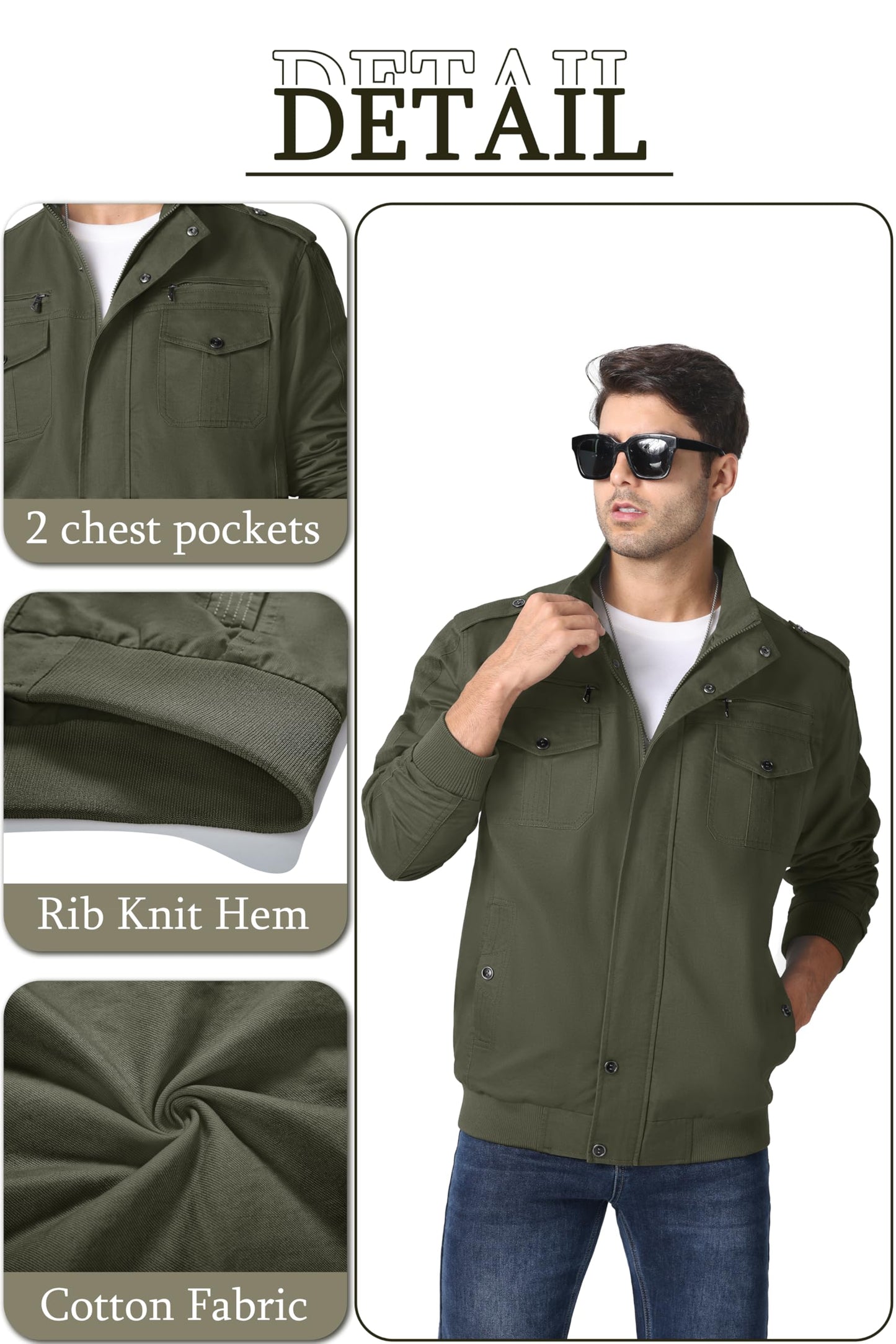 MAGNIVIT Men's Military Lightweight Army Windbreaker Cargo Jacket With Stand Collar, Zip Front, 7 Pockets - Cotton