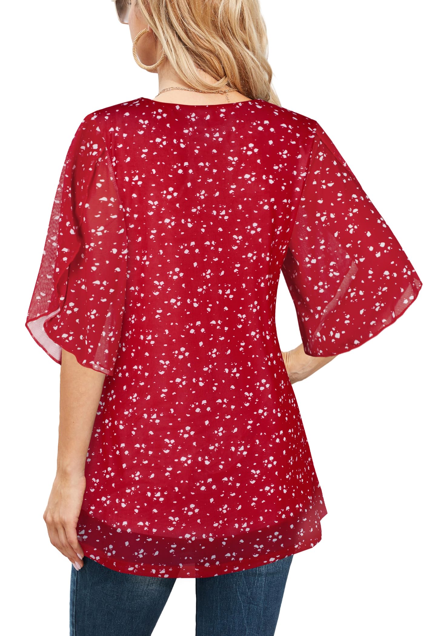 Ninedaily Women's Tops 3/4 Sleeve Blouses Dressy Casual Double Layers Mesh Tunic Shirts