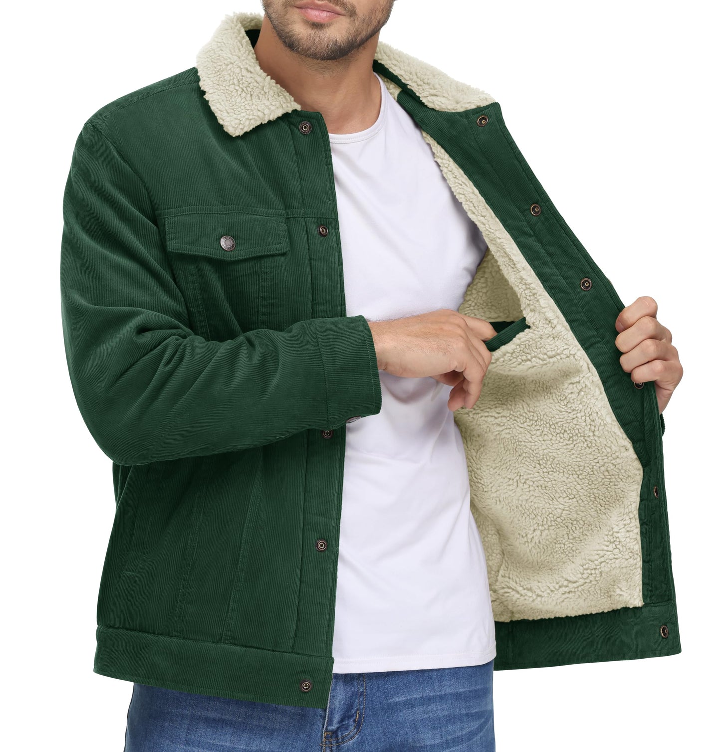 MAGNIVIT Men's Corduroy Fleece Cargo Jacket Winter Snap Button Lapel Sherpa Lined Trucker Cowboy Coat with 5 Pockets