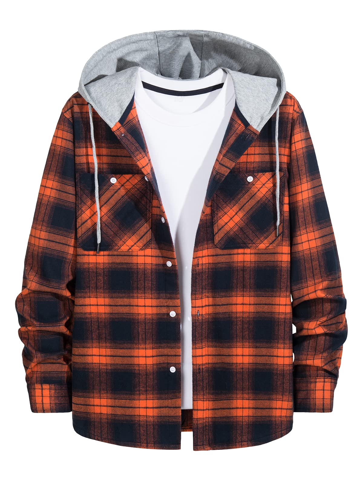 MAGNIVIT Mens Classic Plaid Long Sleeve Hooded Shirts Multi Pockets Thin Cotton Light Jacket Relaxed Fit Casual Outwear