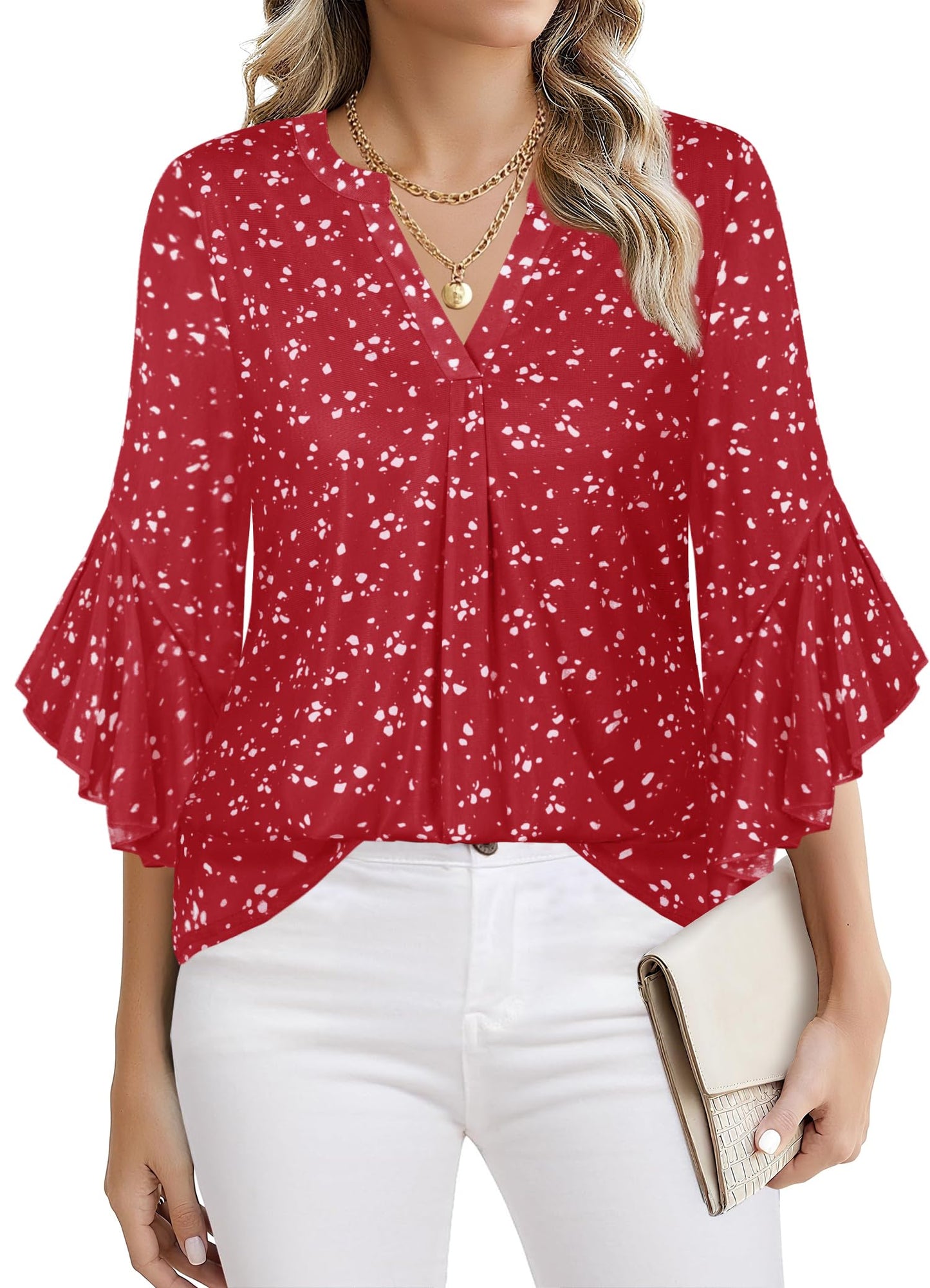 Ninedaily Womens Tops 3/4 Sleeve Dressy Casual Blouses Double Layers V Neck Shirt