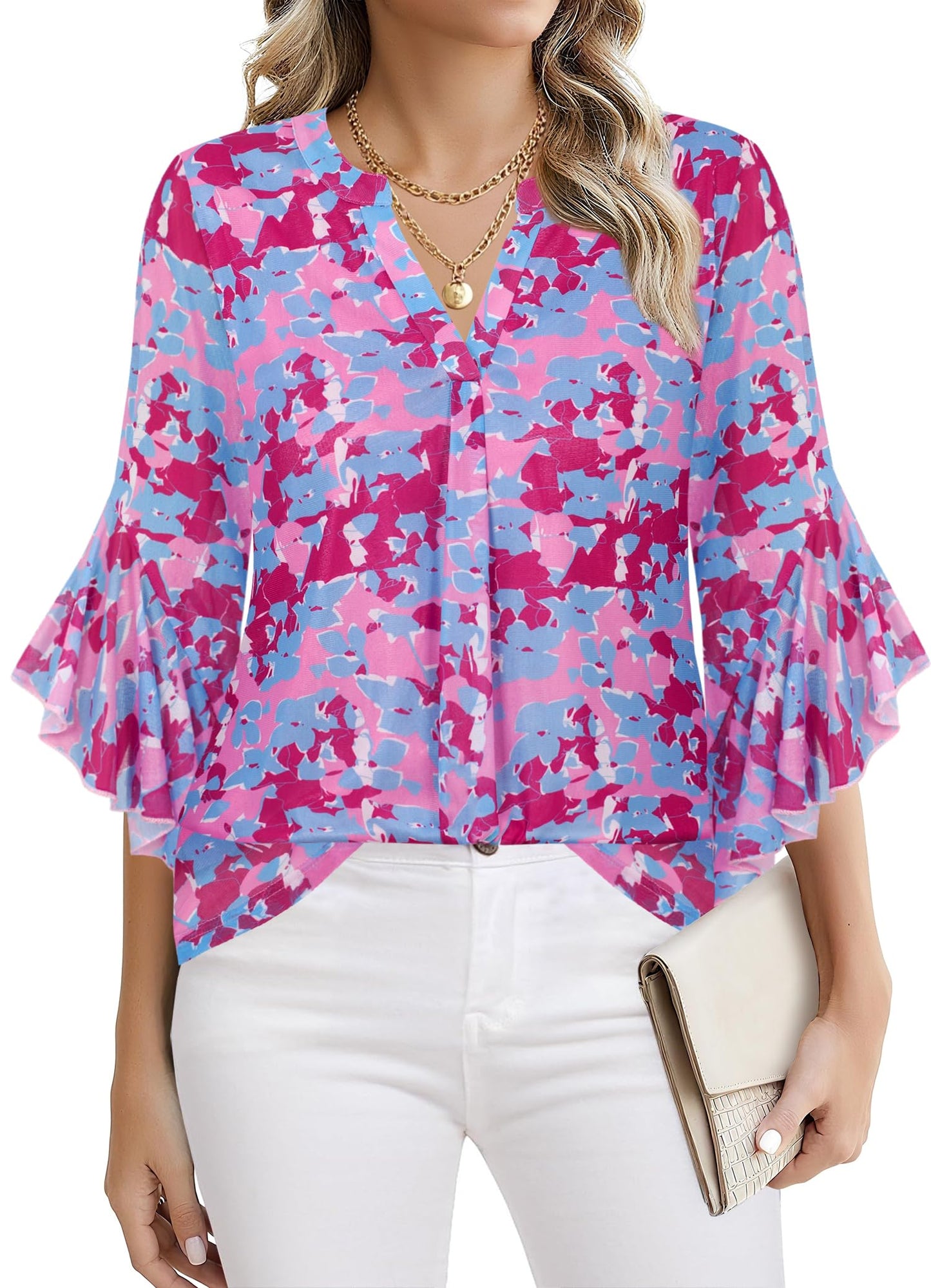 Ninedaily Womens Tops 3/4 Sleeve Dressy Casual Blouses Double Layers V Neck Shirt