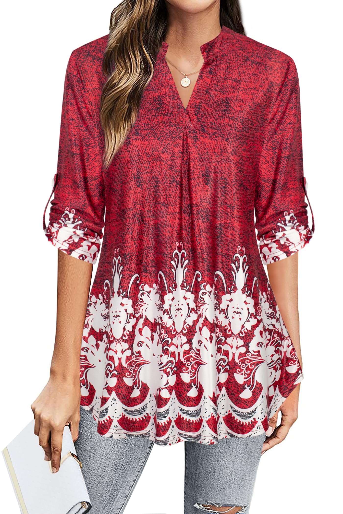 Ninedaily Womens Tops Dressy Casual 3/4 Sleeve V Neck Chiffon Shirt Work Blouses