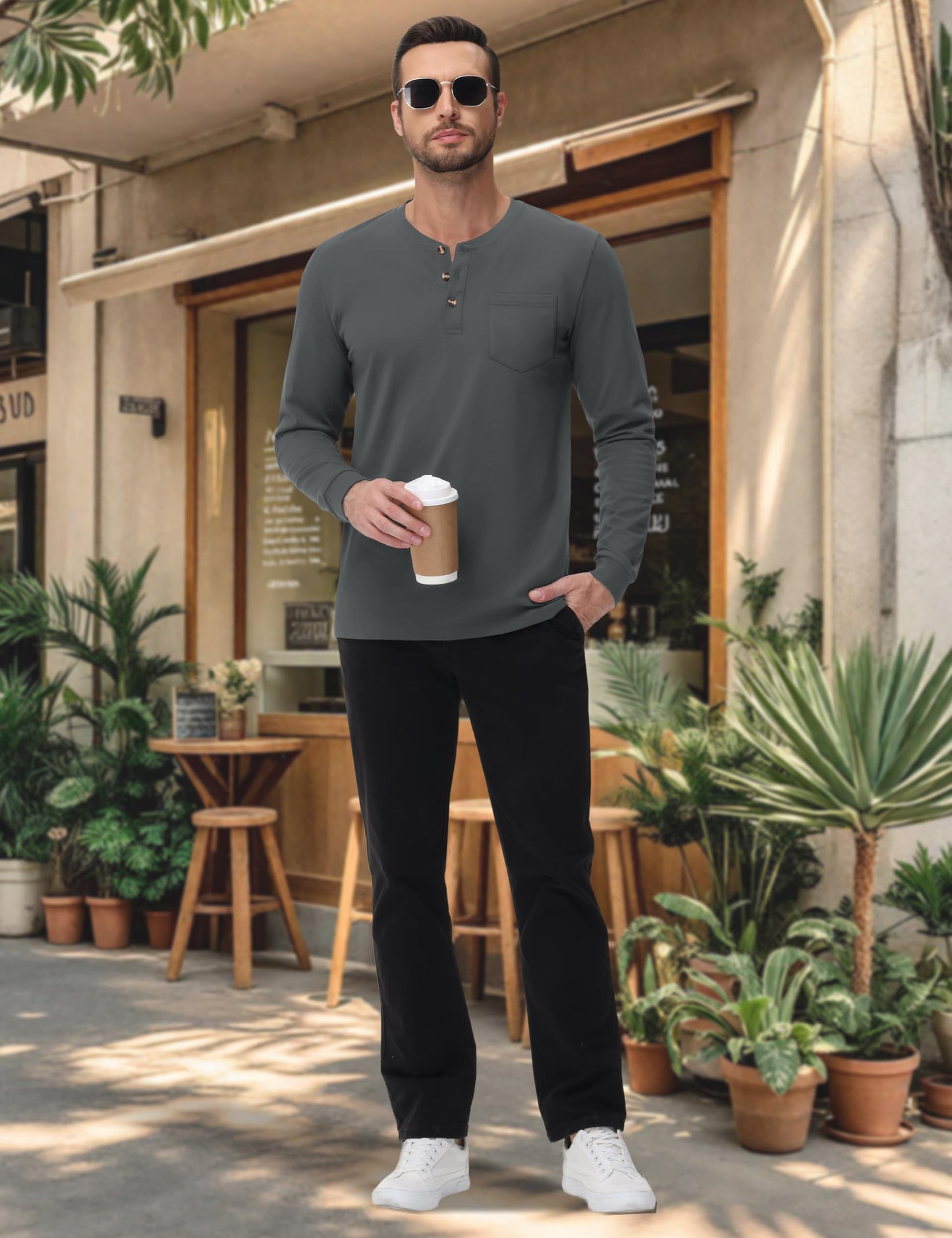 MAGNIVIT Mens Henley Shirts Long Sleeve with Pocket Fall Cotton Casual T-Shirts Plain Moisture Wicking Tee with 3 Button