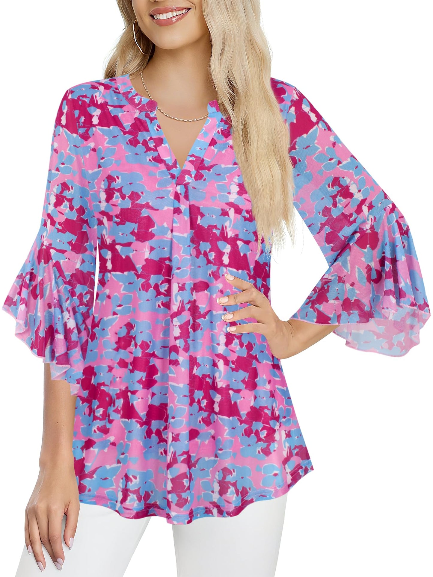 Ninedaily Womens Tops 3/4 Sleeve Dressy Casual Blouses Double Layers V Neck Shirt