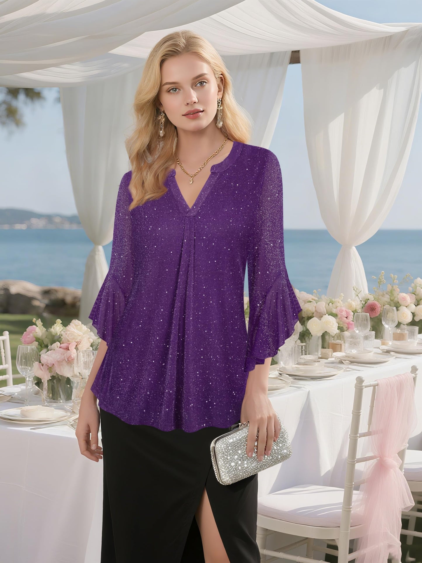Ninedaily Womens Tops 3/4 Sleeve Dressy Casual Blouses Double Layers V Neck Shirt